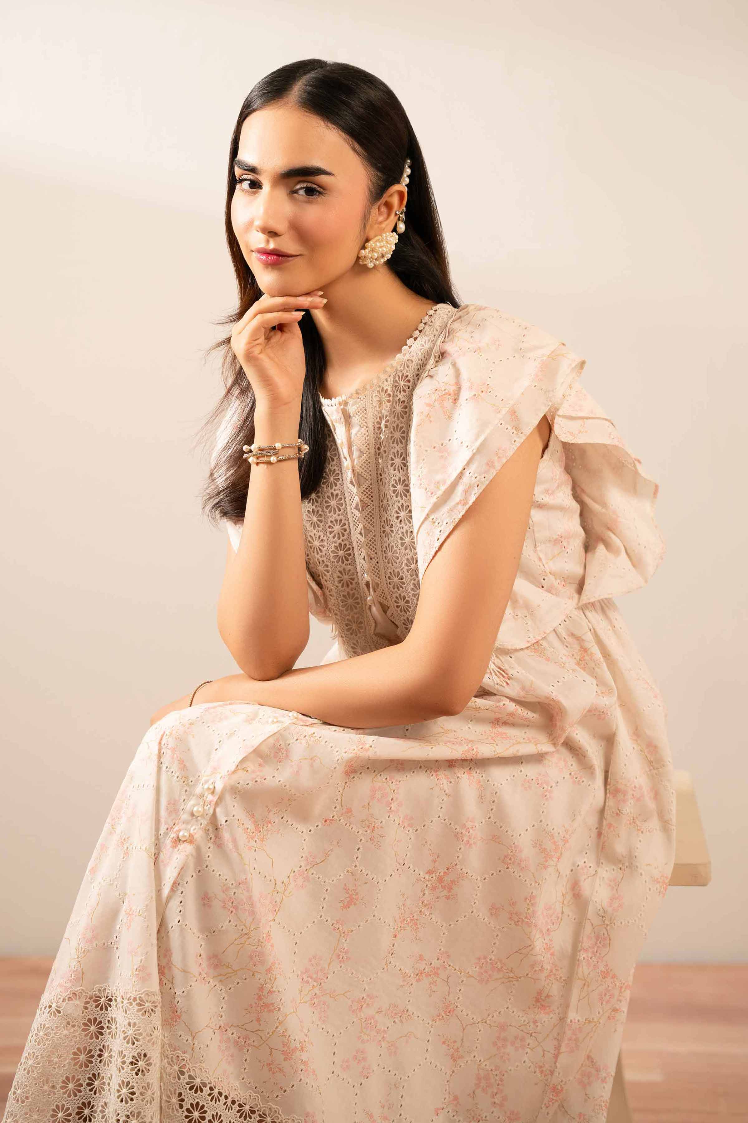 NISHATUAE - Pink Printed Chicken Kari Ready to wear Jalabiya