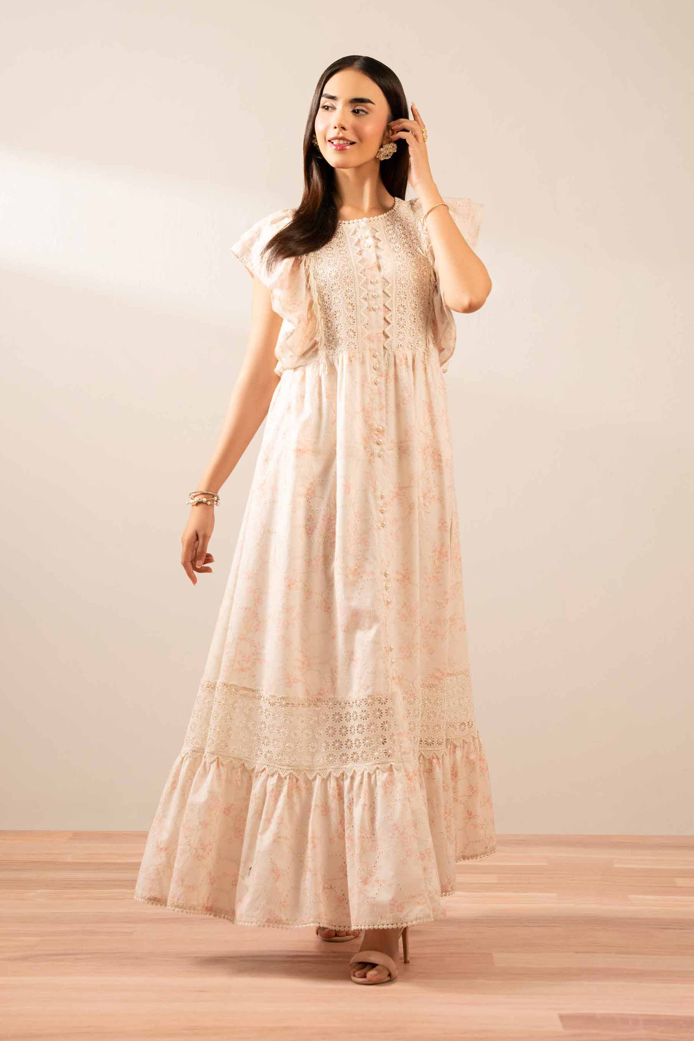 NISHATUAE - Pink Printed Chicken Kari Ready to wear Jalabiya