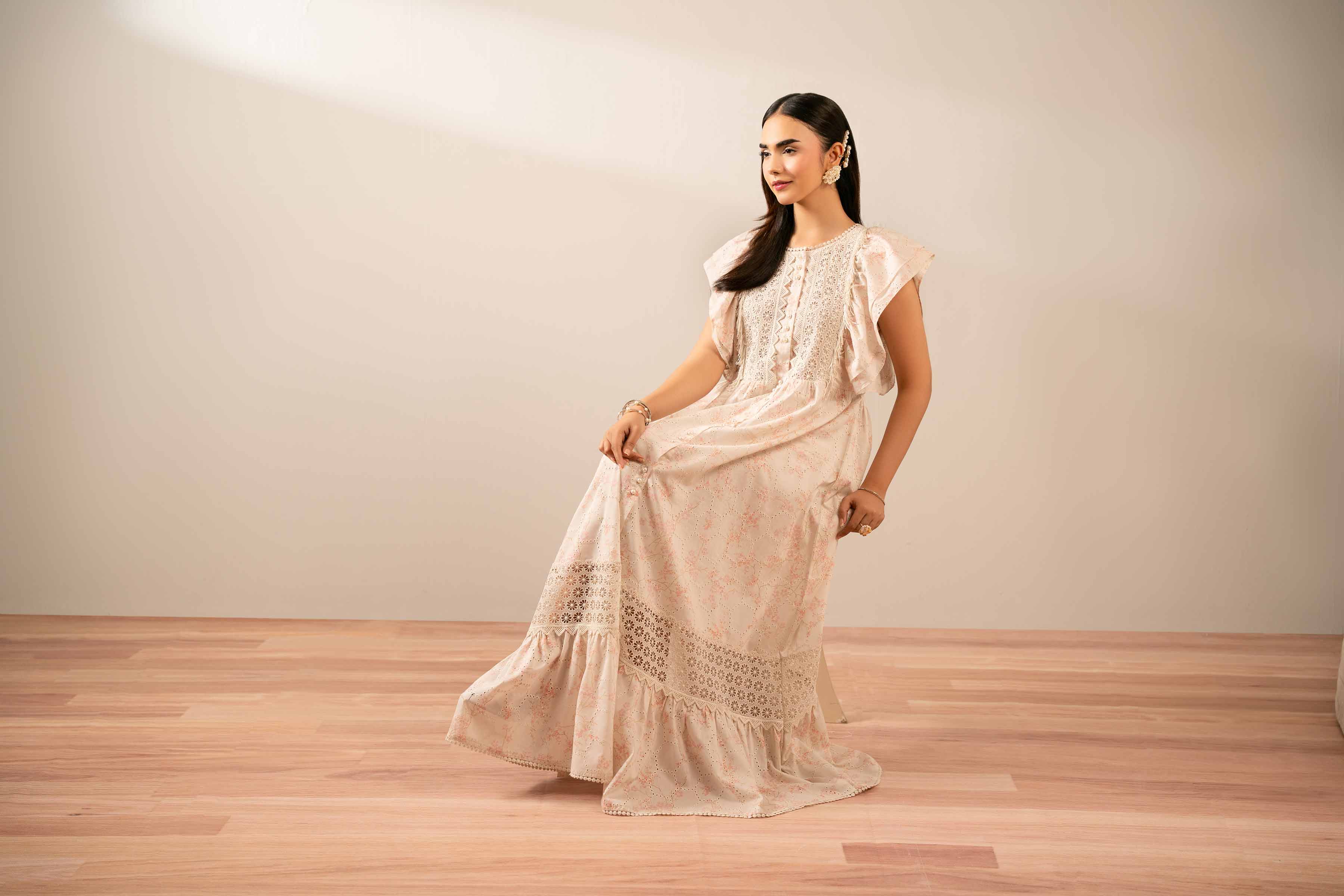 NISHATUAE - Pink Printed Chicken Kari Ready to wear Jalabiya