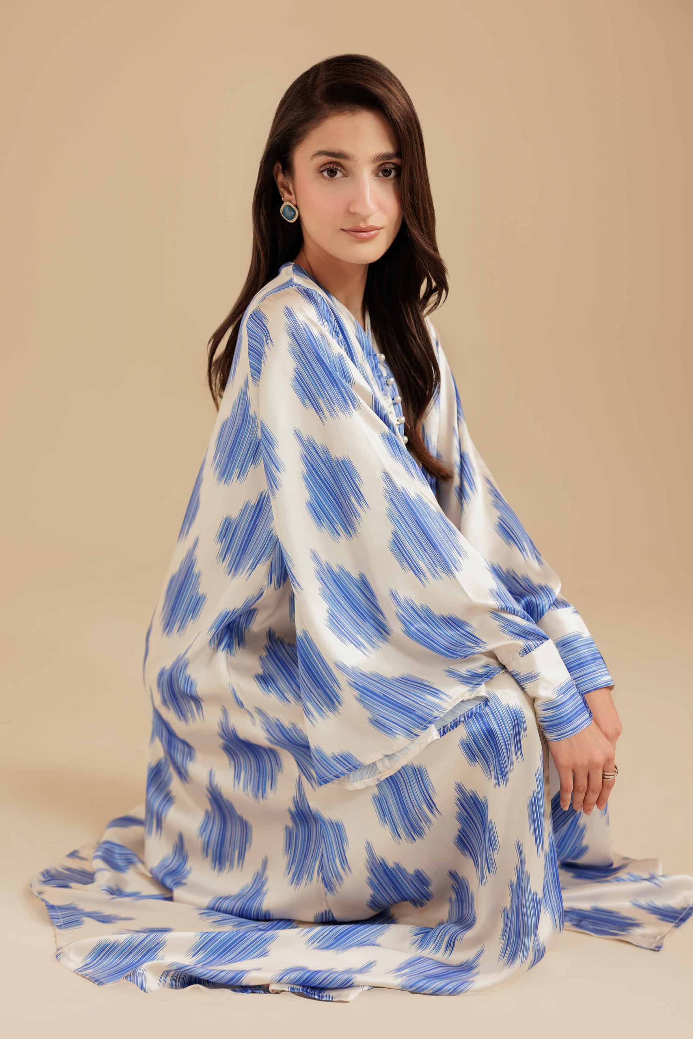 NISHATUAE - Blue & White Printed Silk Ready to wear Jalabiya