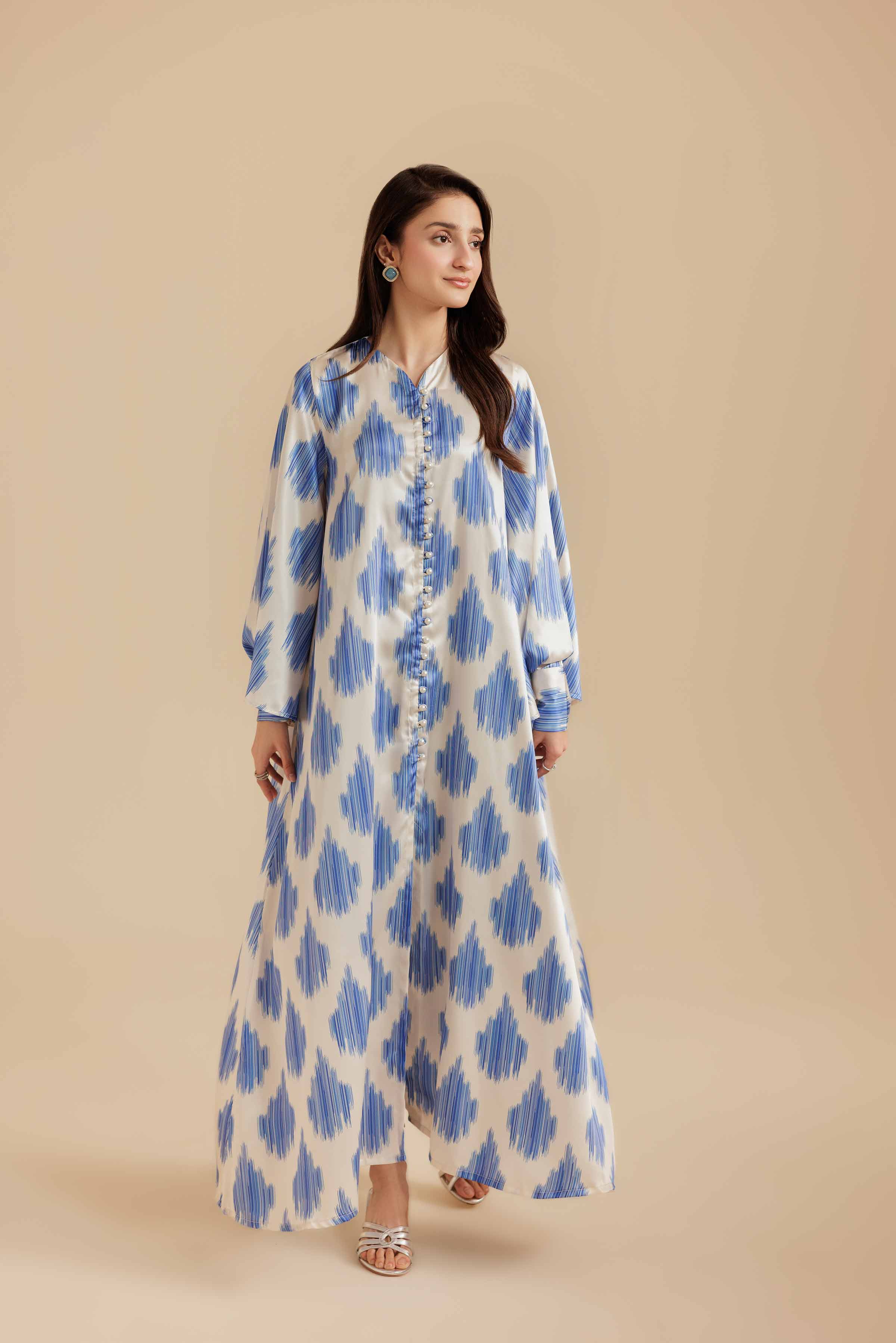 NISHATUAE - Blue & White Printed Silk Ready to wear Jalabiya