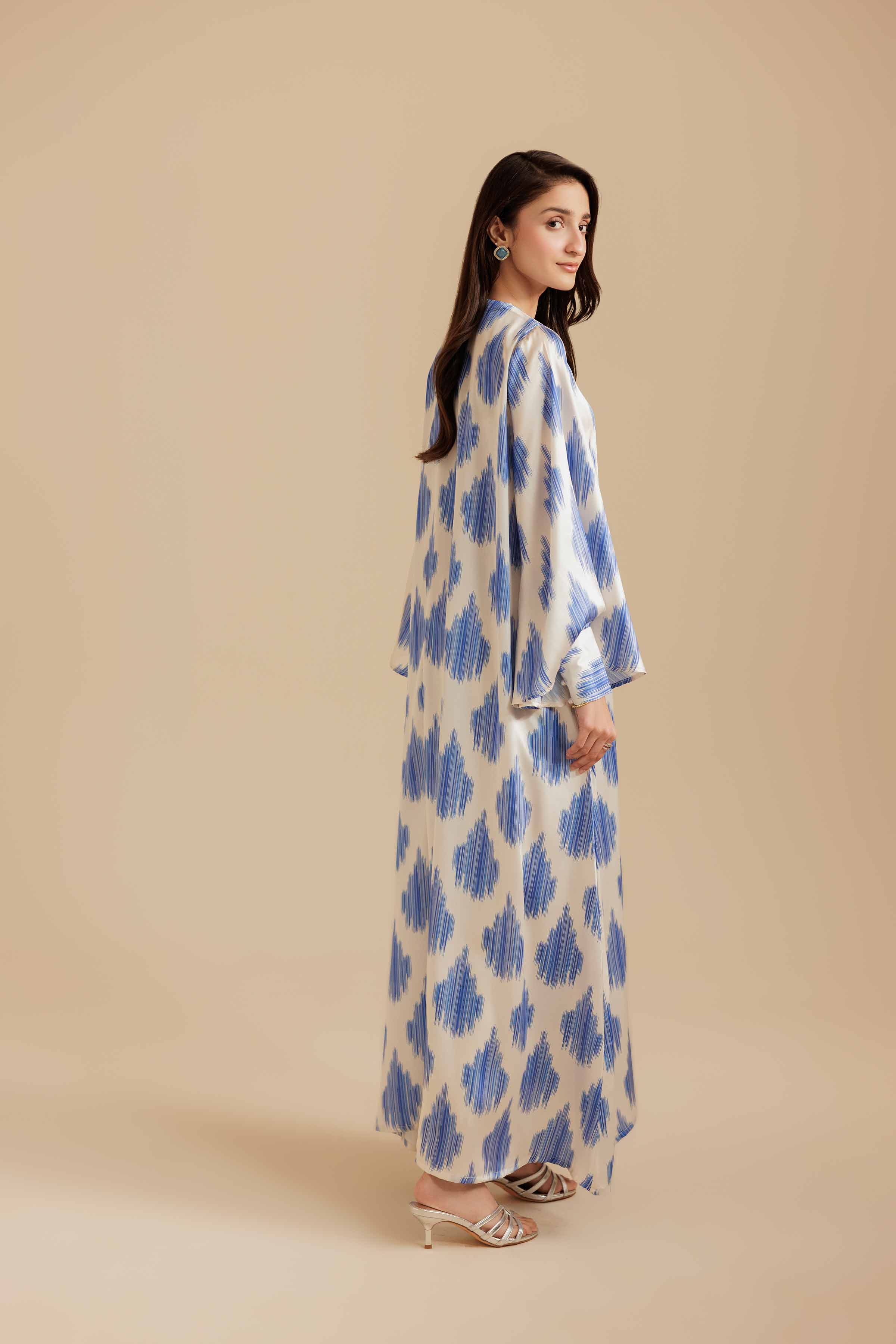 NISHATUAE - Blue & White Printed Silk Ready to wear Jalabiya