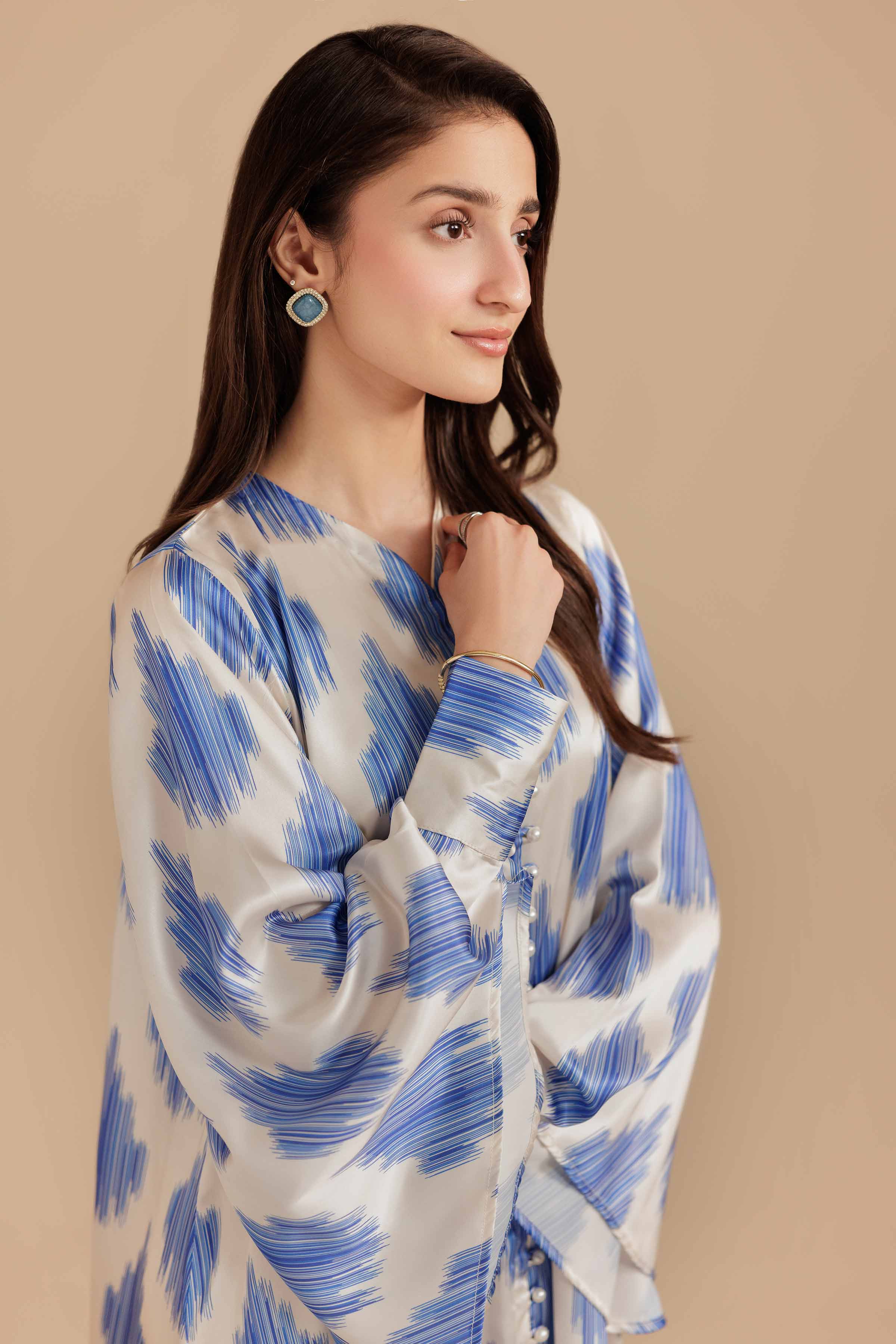 NISHATUAE - Blue & White Printed Silk Ready to wear Jalabiya