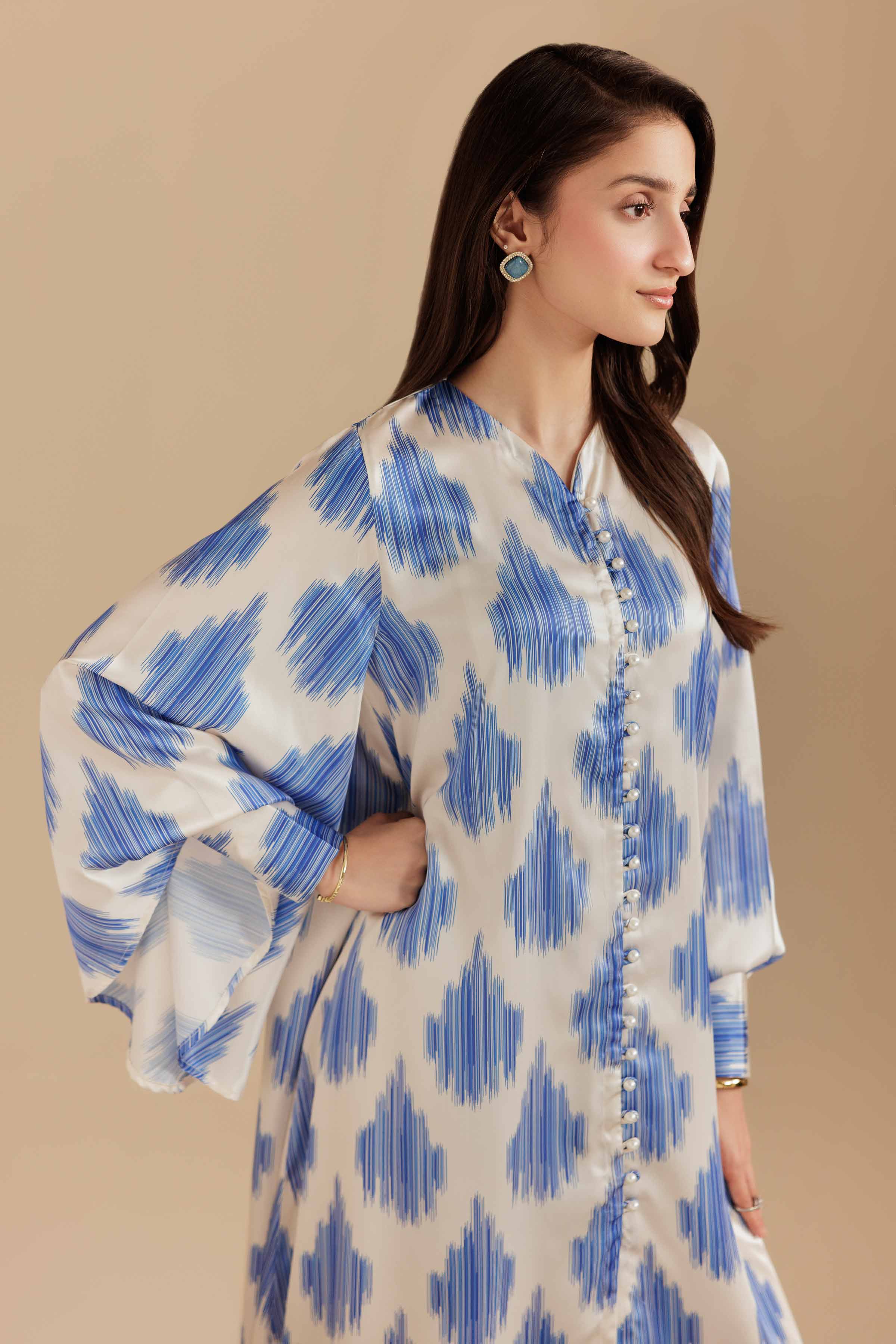NISHATUAE - Blue & White Printed Silk Ready to wear Jalabiya
