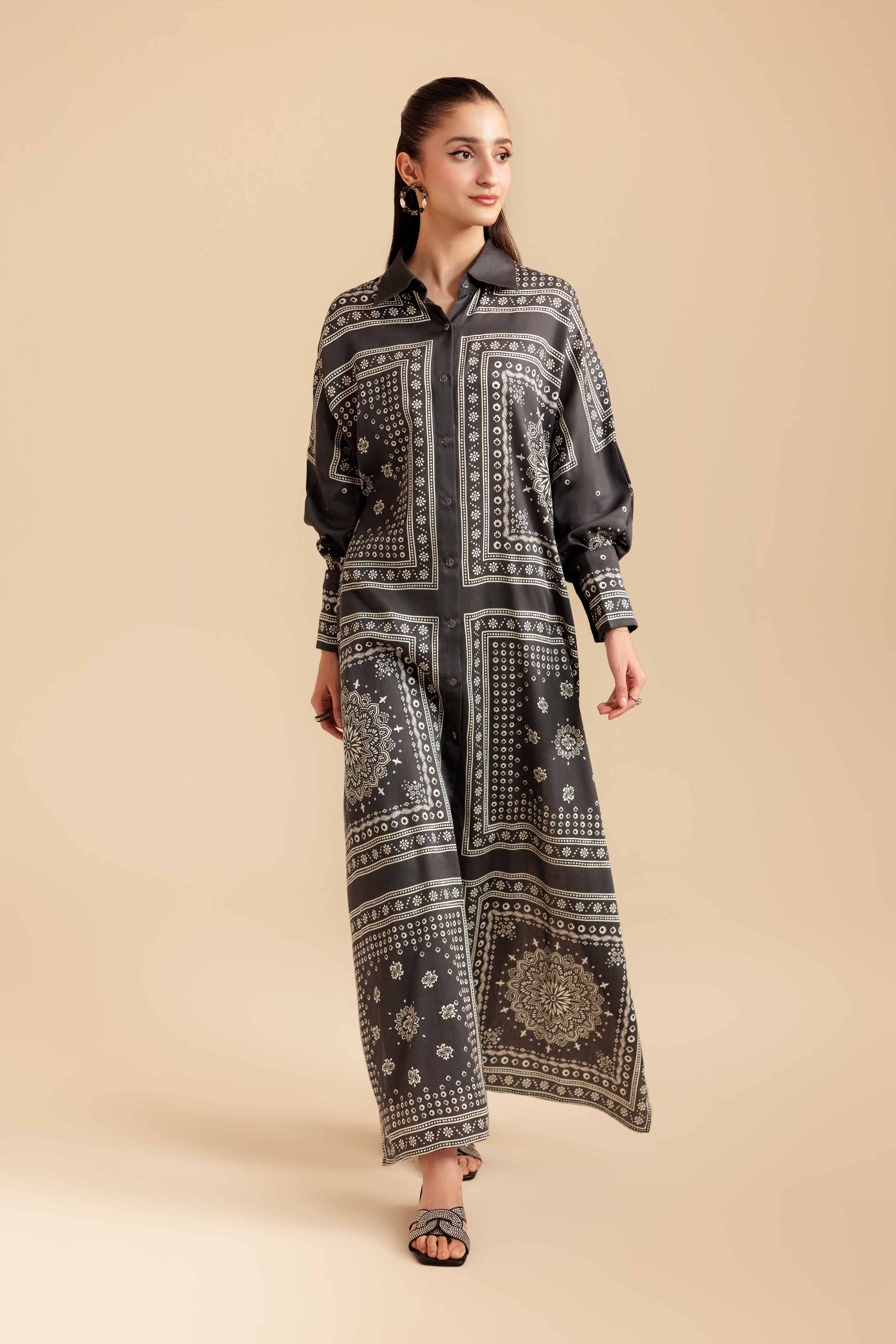 NISHATUAE - Brown Printed Satin Ready to wear Shirt