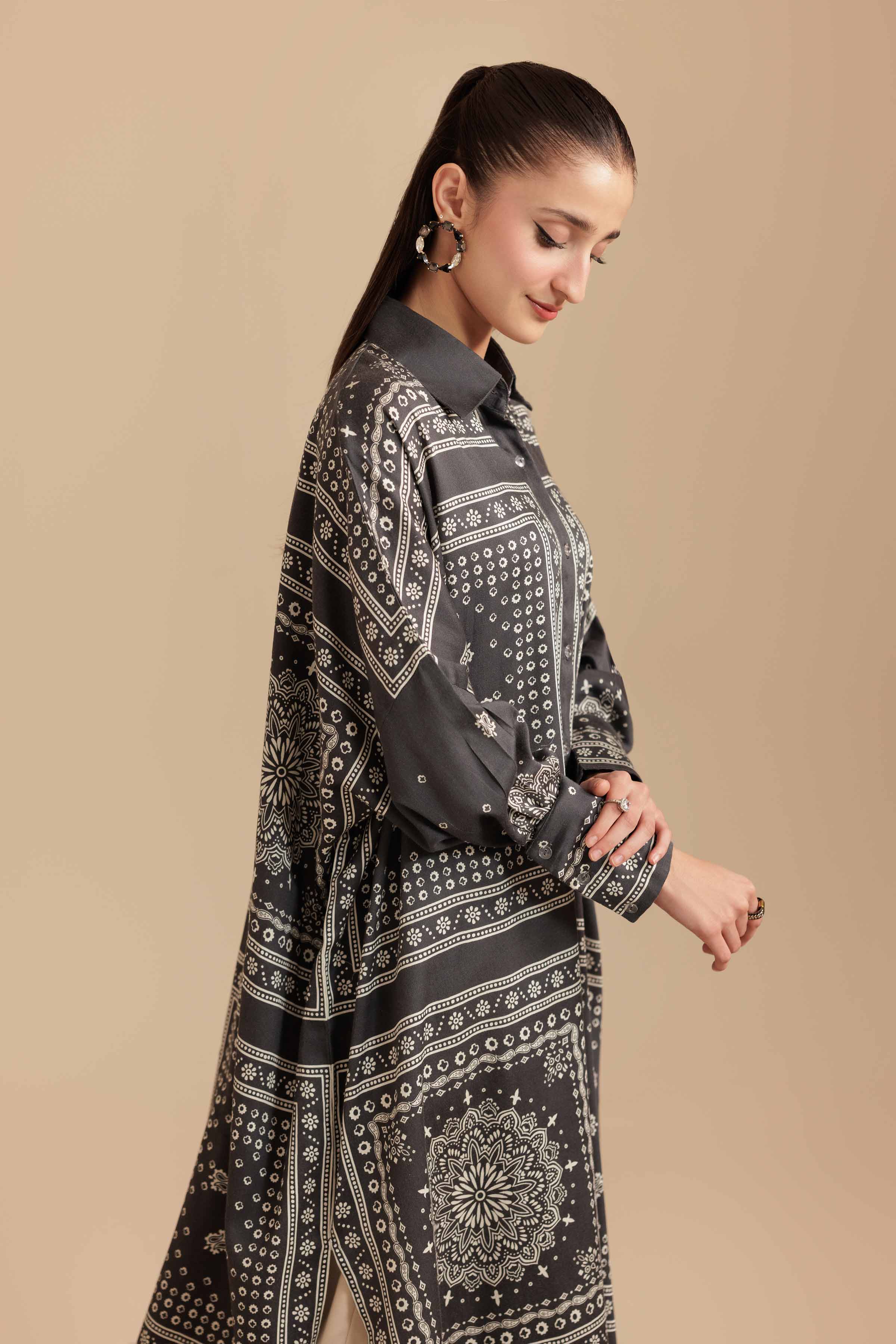 NISHATUAE - Brown Printed Satin Ready to wear Shirt