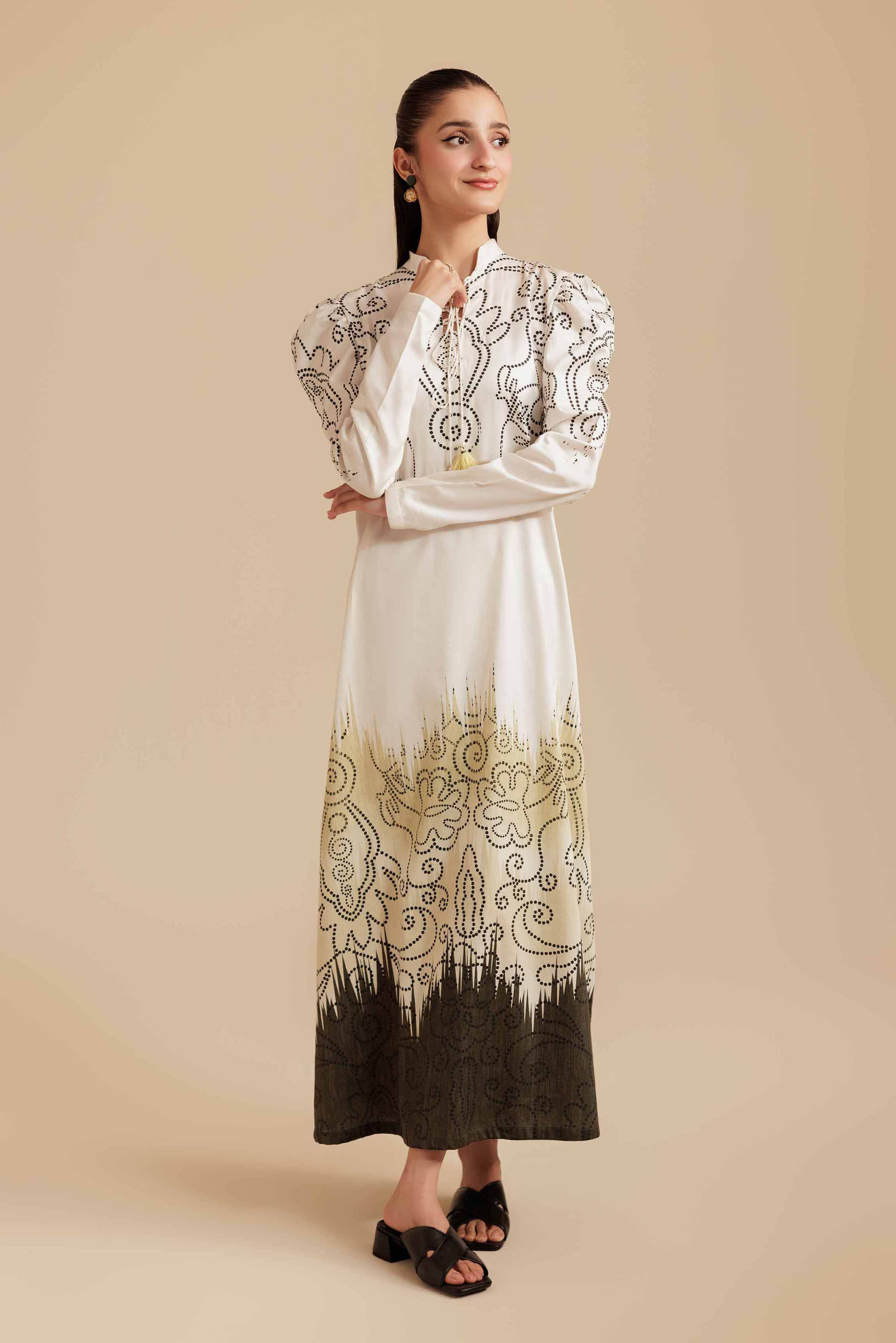 NISHATUAE - Beige Printed Satin Ready to wear Jalabiya