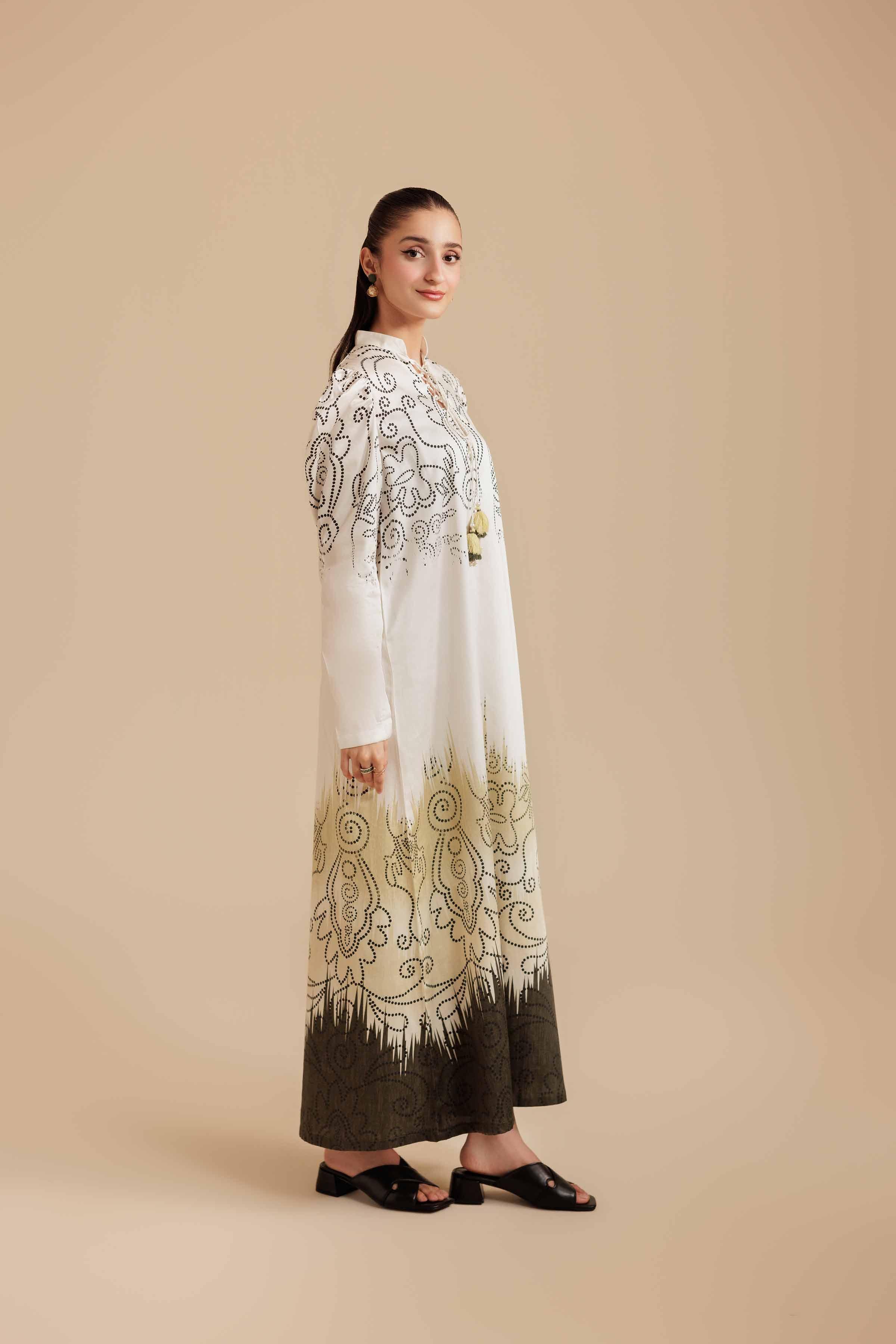 NISHATUAE - Beige Printed Satin Ready to wear Jalabiya