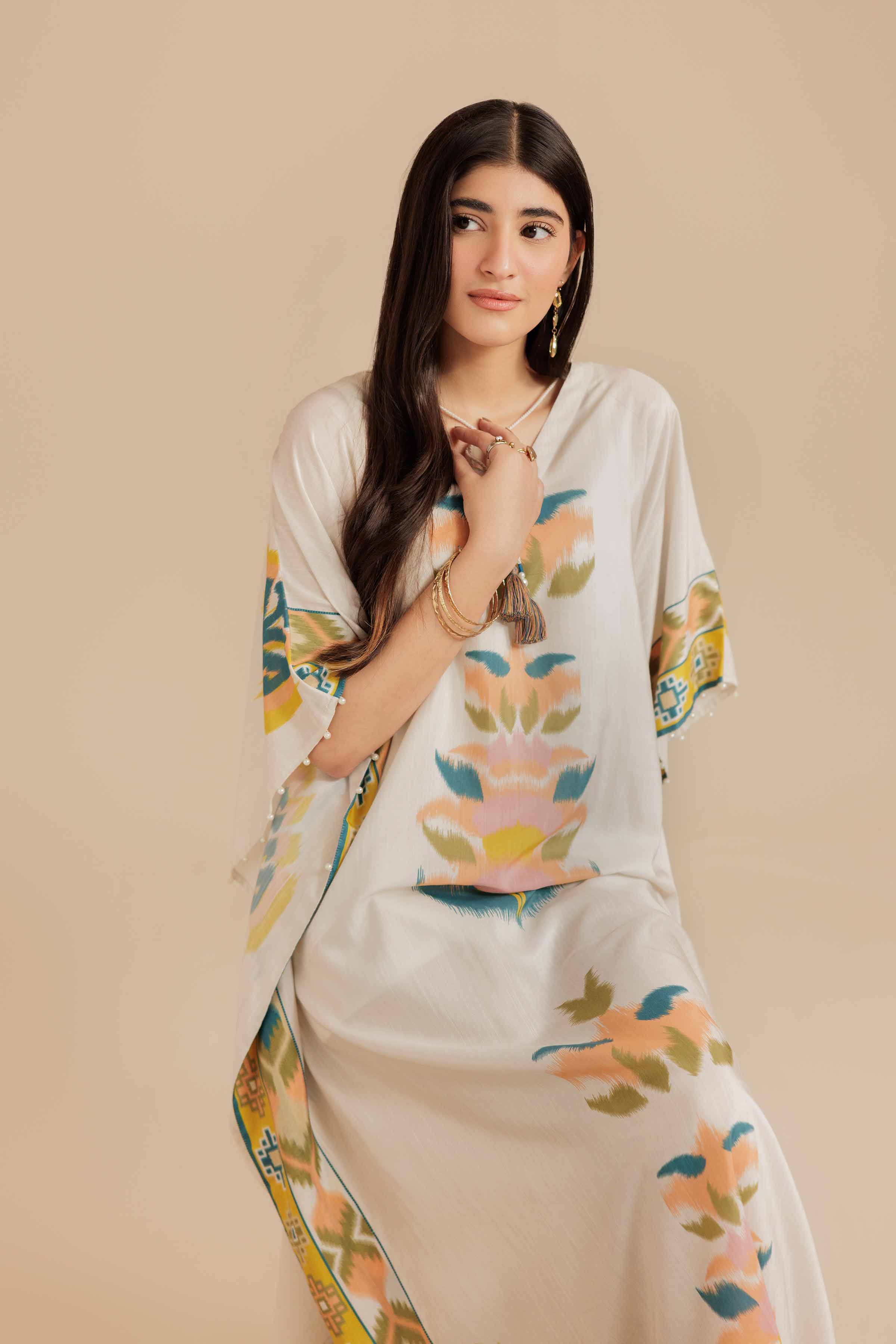 NISHATUAE - Beige Printed Silk Ready to wear Kaftan