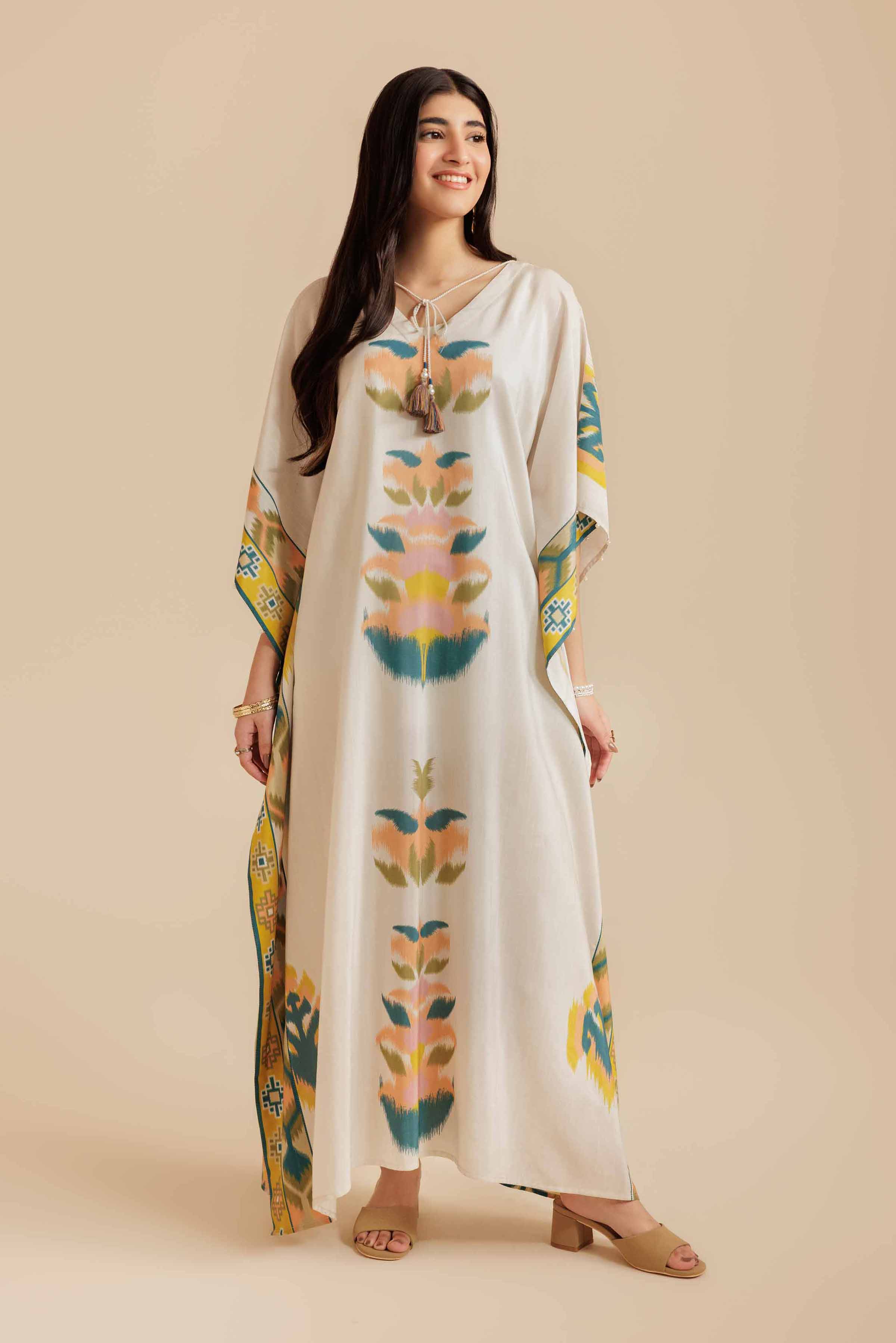 NISHATUAE - Beige Printed Silk Ready to wear Kaftan