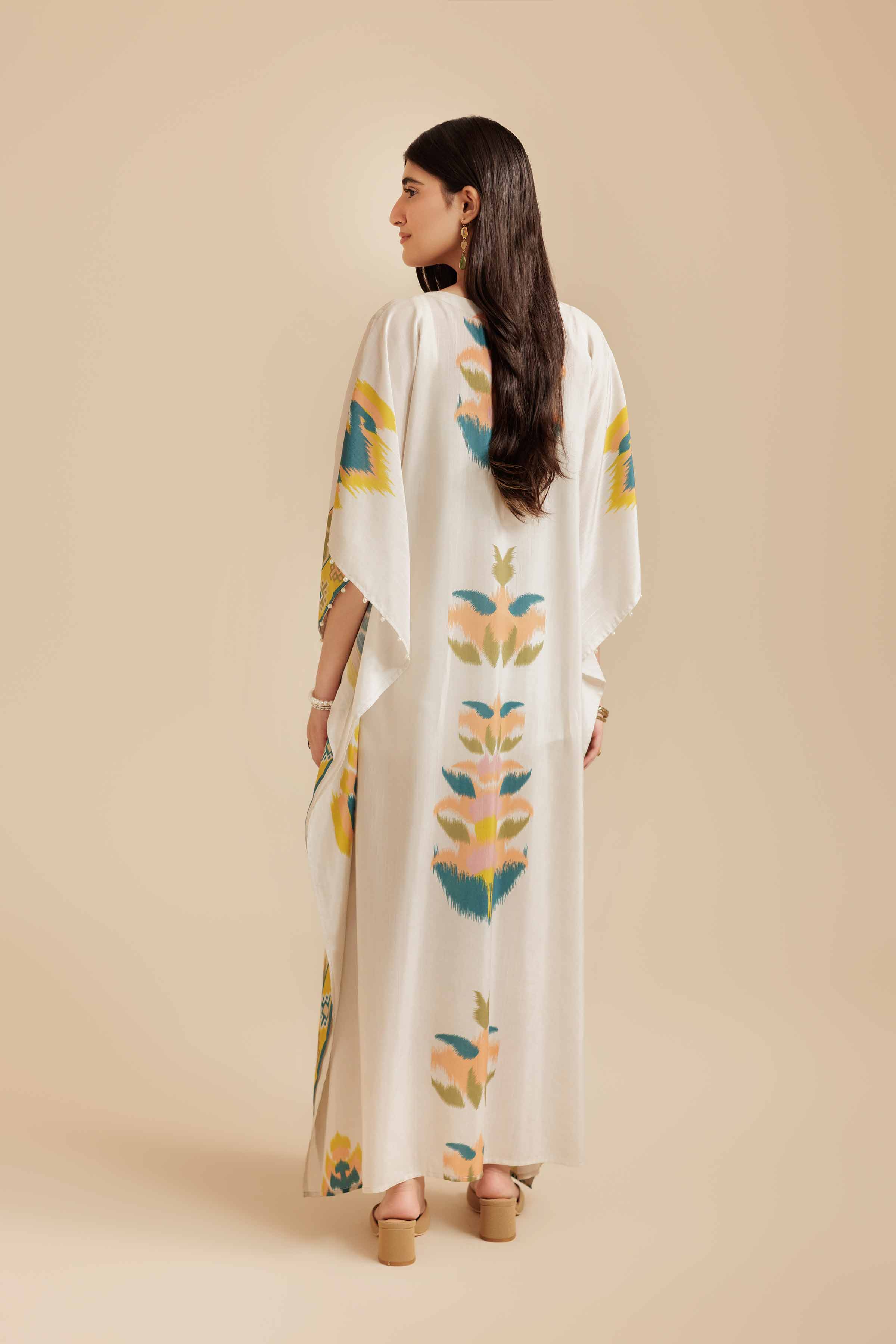 NISHATUAE - Beige Printed Silk Ready to wear Kaftan