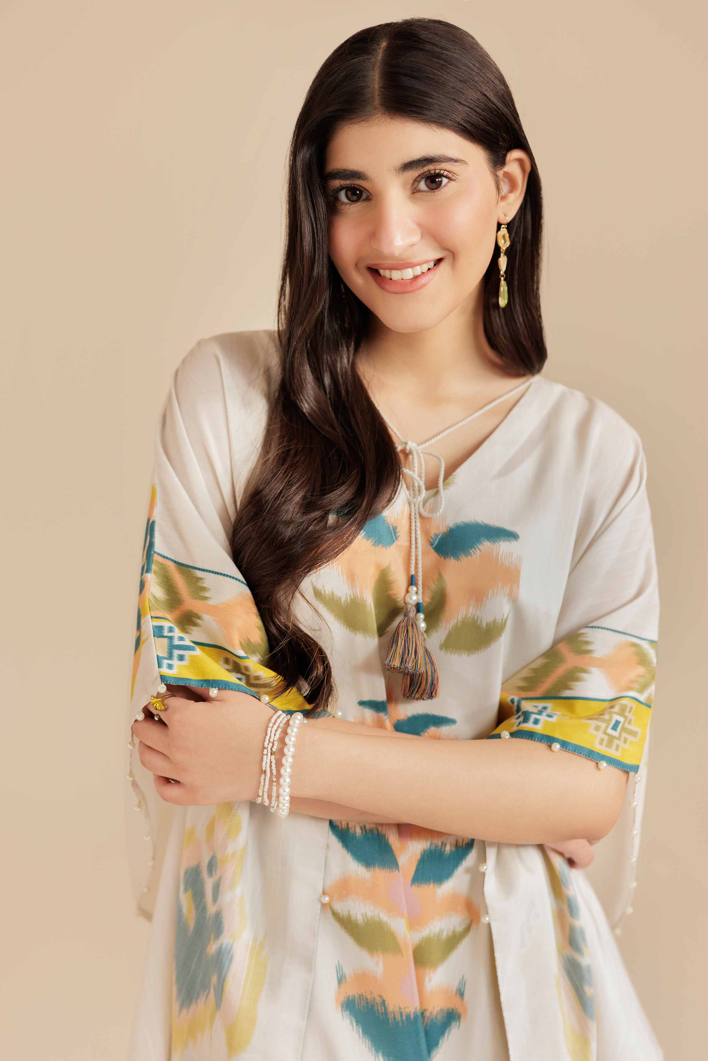 NISHATUAE - Beige Printed Silk Ready to wear Kaftan