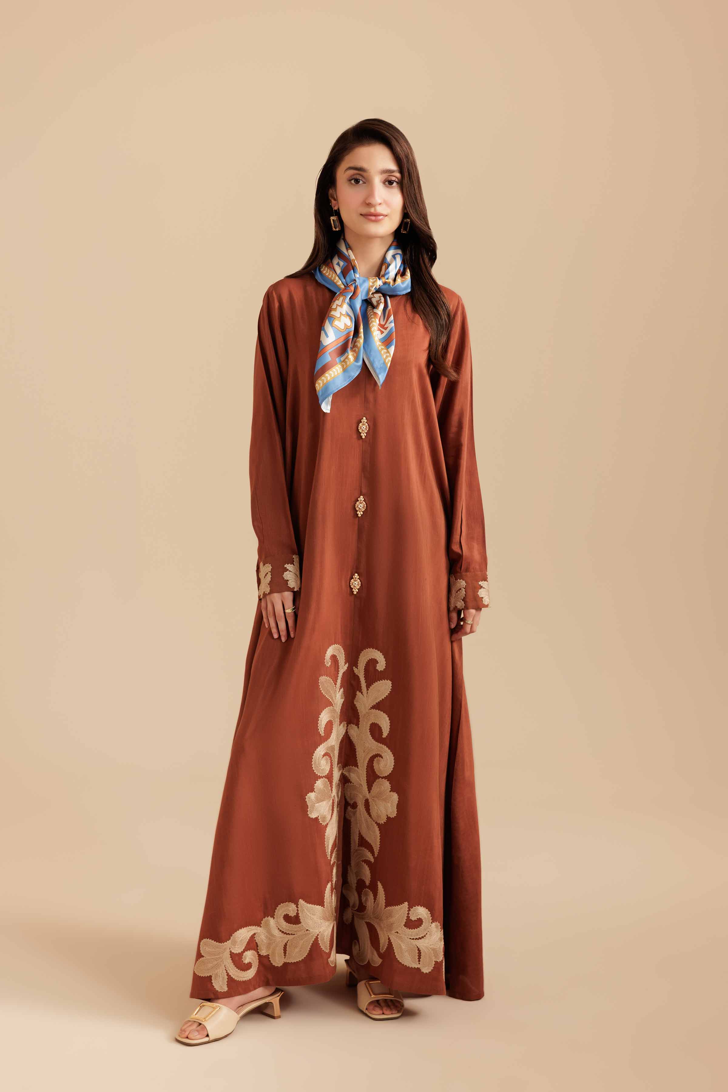 NISHATUAE - Brown Embroidered Silk 2-piece Ready to wear Dress