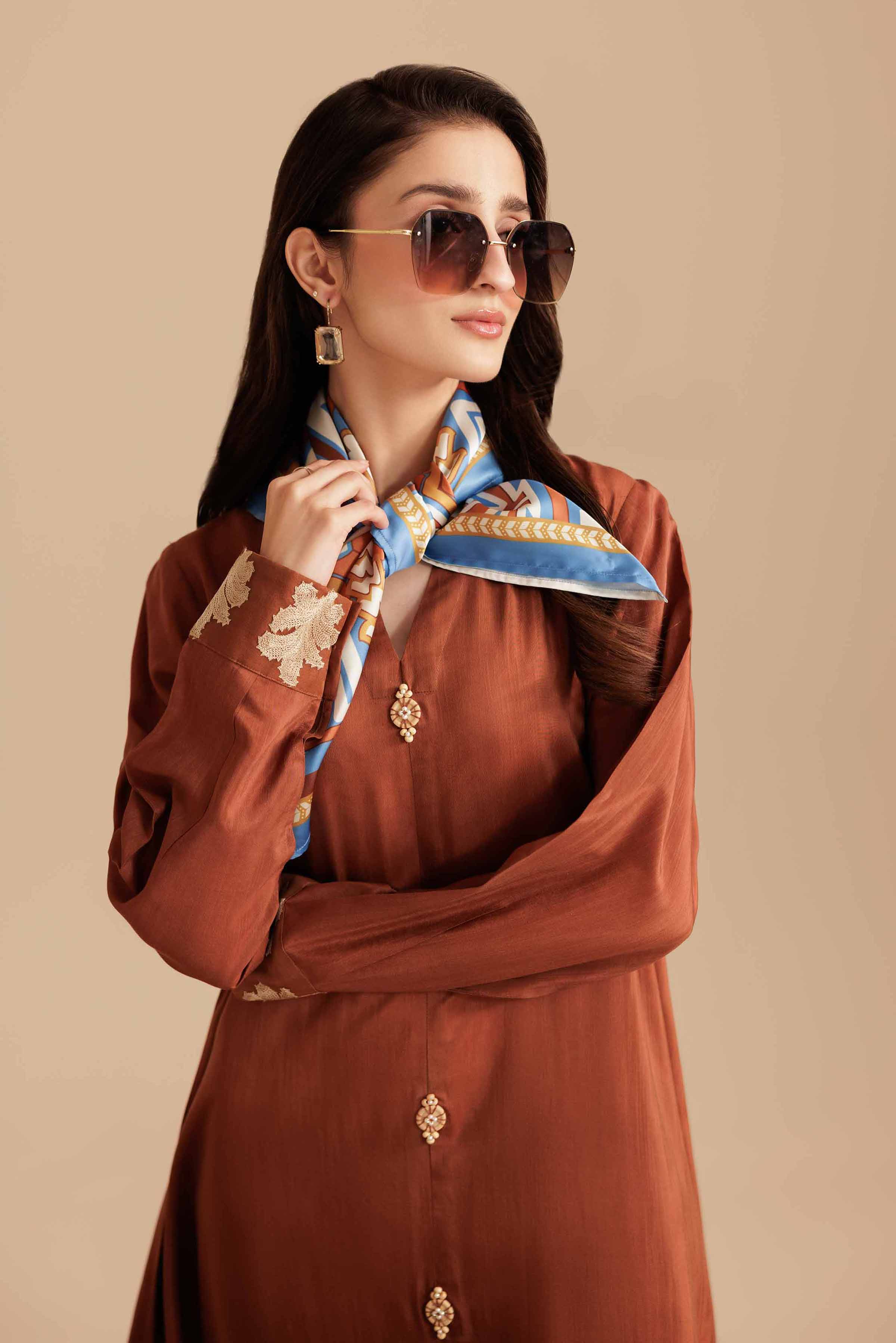 NISHATUAE - Brown Embroidered Silk 2-piece Ready to wear Dress