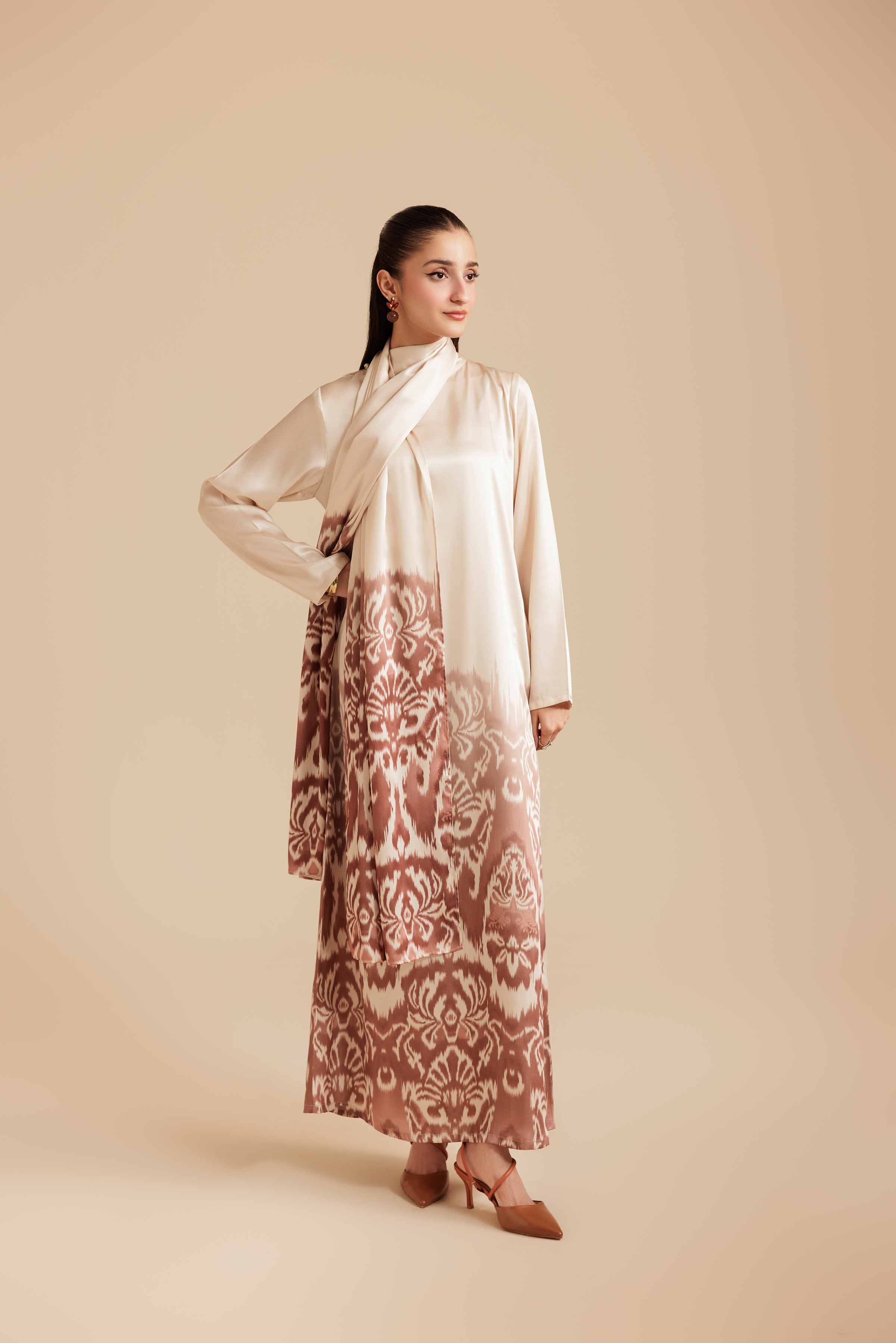 NISHATUAE - Brown Printed Silk 2-piece Ready to wear Dress