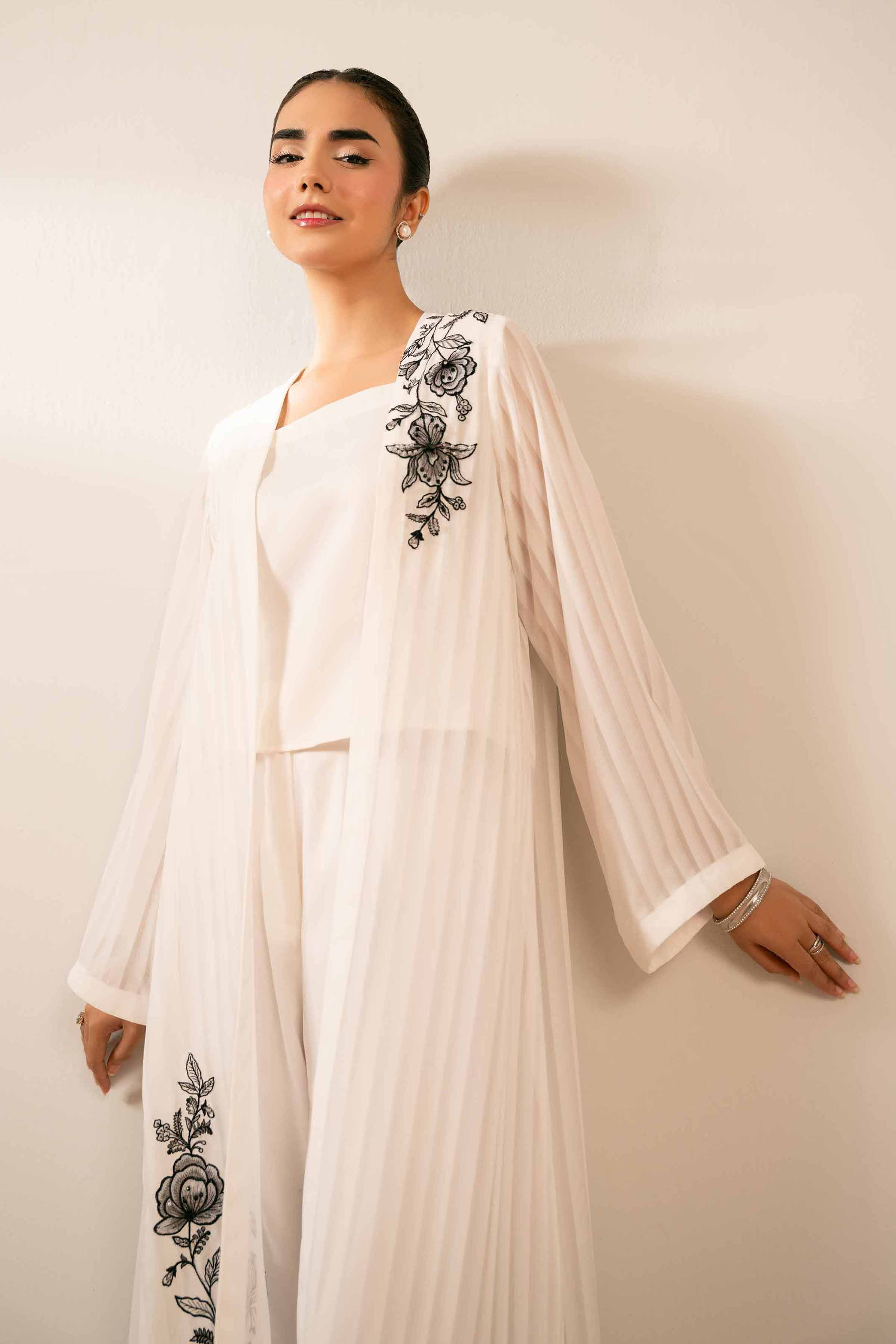 NISHATUAE - White Embroidered Chiffon 3-piece Ready to wear Suit