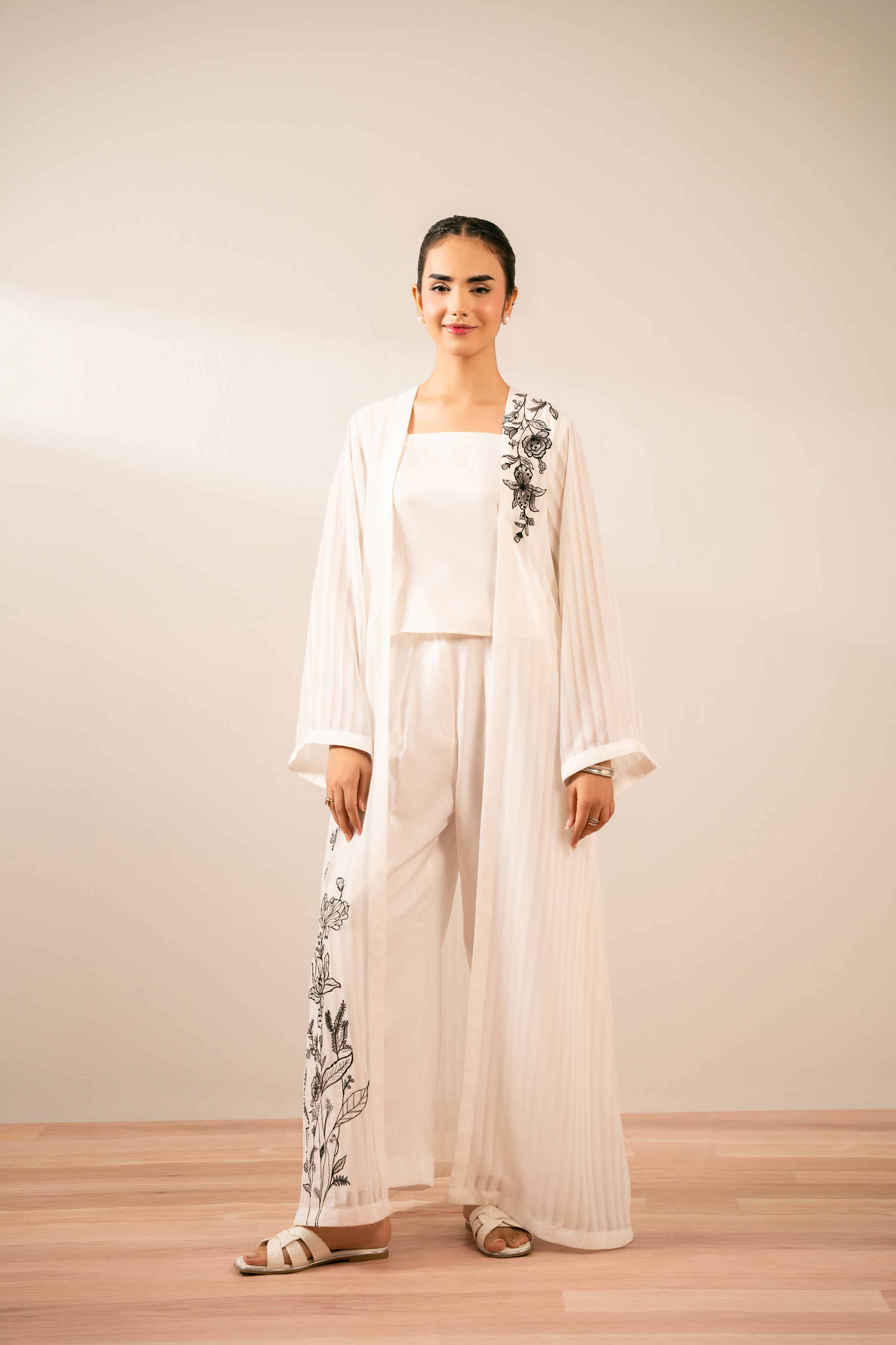 NISHATUAE - White Embroidered Chiffon 3-piece Ready to wear Suit