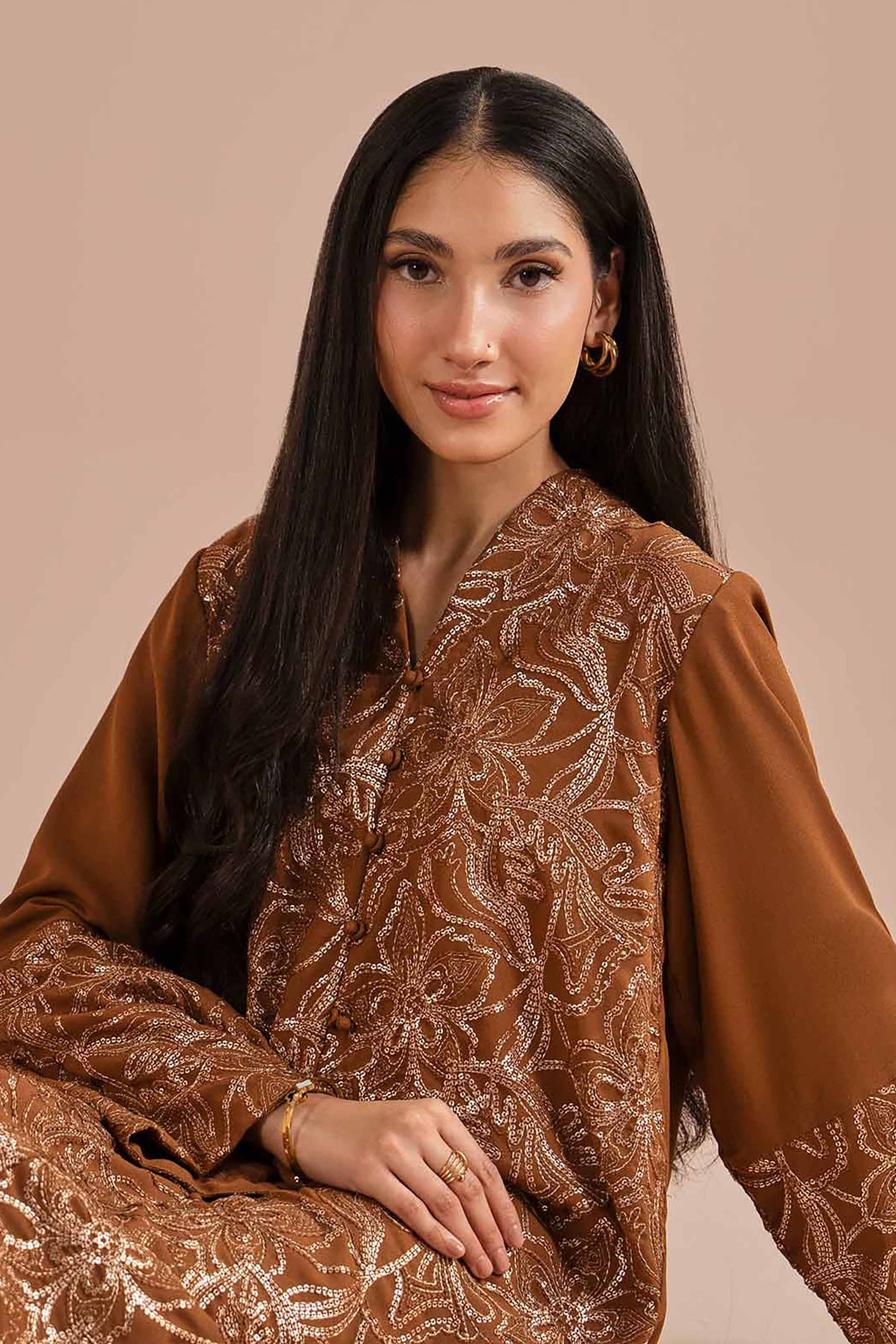 Embroidered Dress - FS26-05 Brown Georgette 1PC Embroidered READY TO WEAR