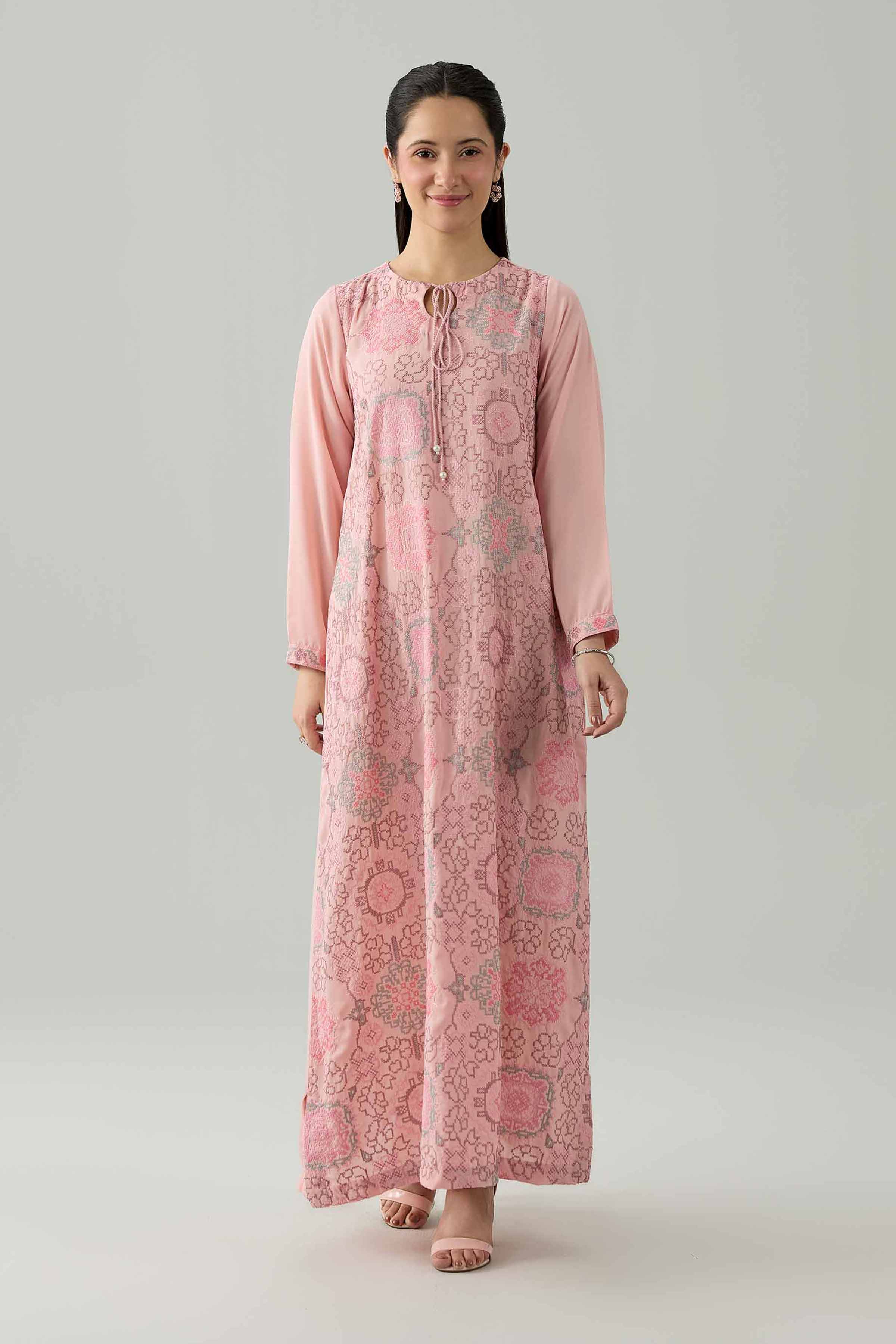 Embroidered Dress - FS26-12 Pink Viscose 1PC Embroidered
