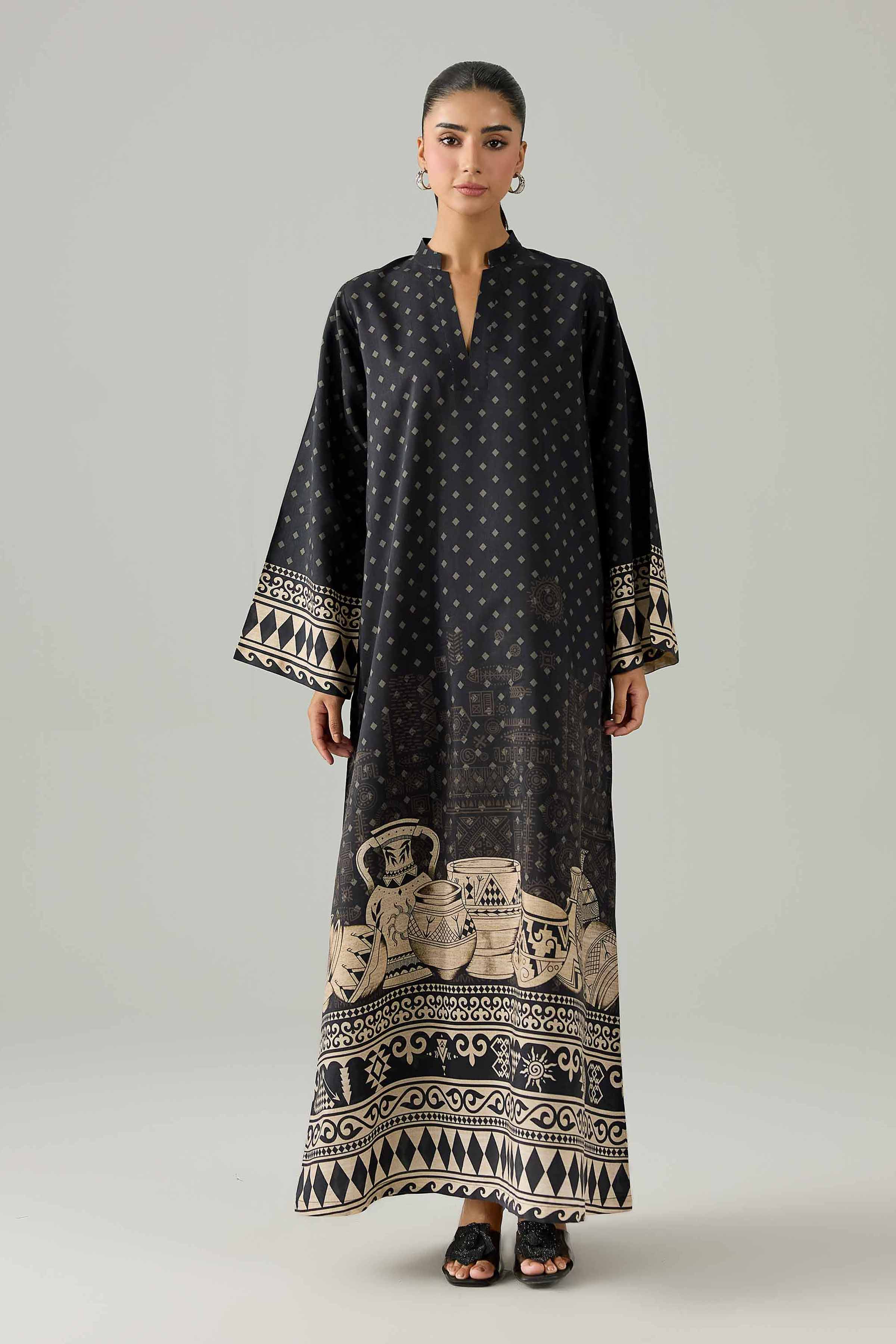 Printed Dress - FS26-16 Black Silk 1PC Printed Ready To Wear