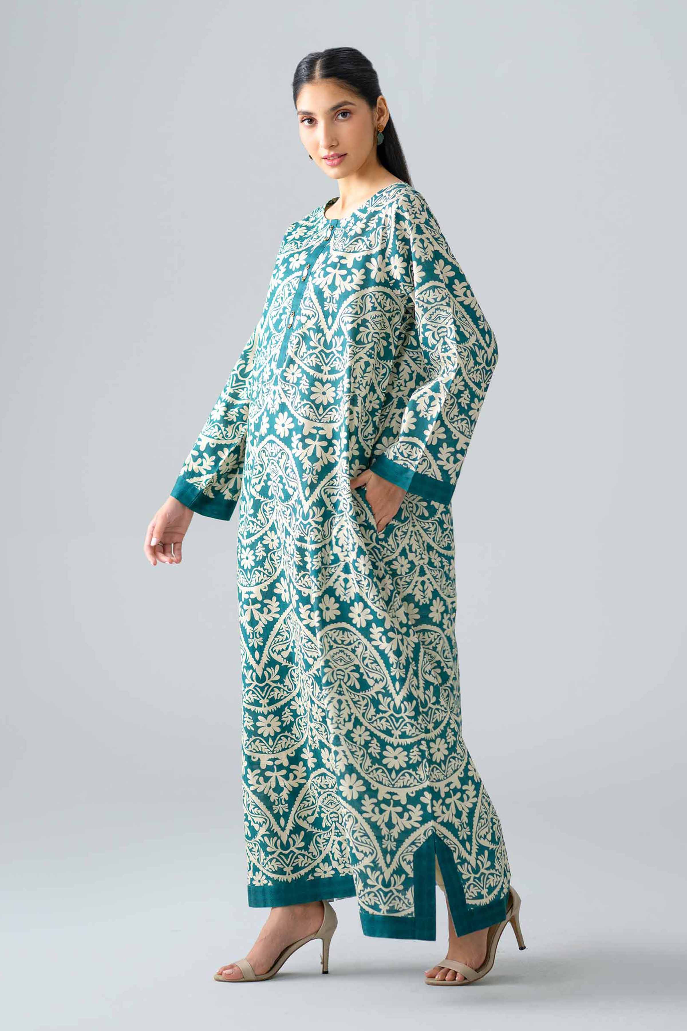 Printed Dress - FS26-24 Green Lawn 1PC Printed Ready To Wear