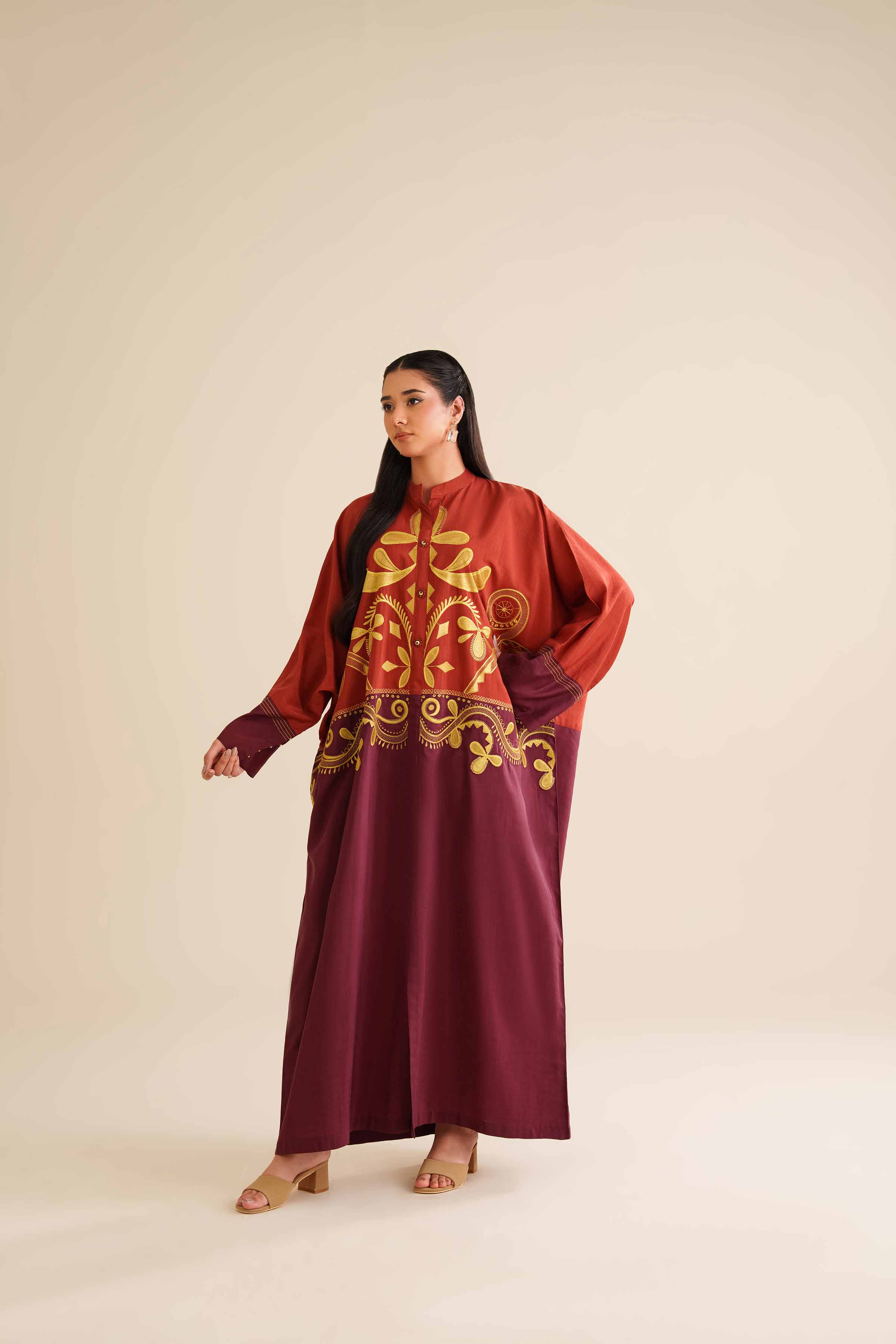 NishatUAE - Maroon Solid Silk Ready To Wear Dress