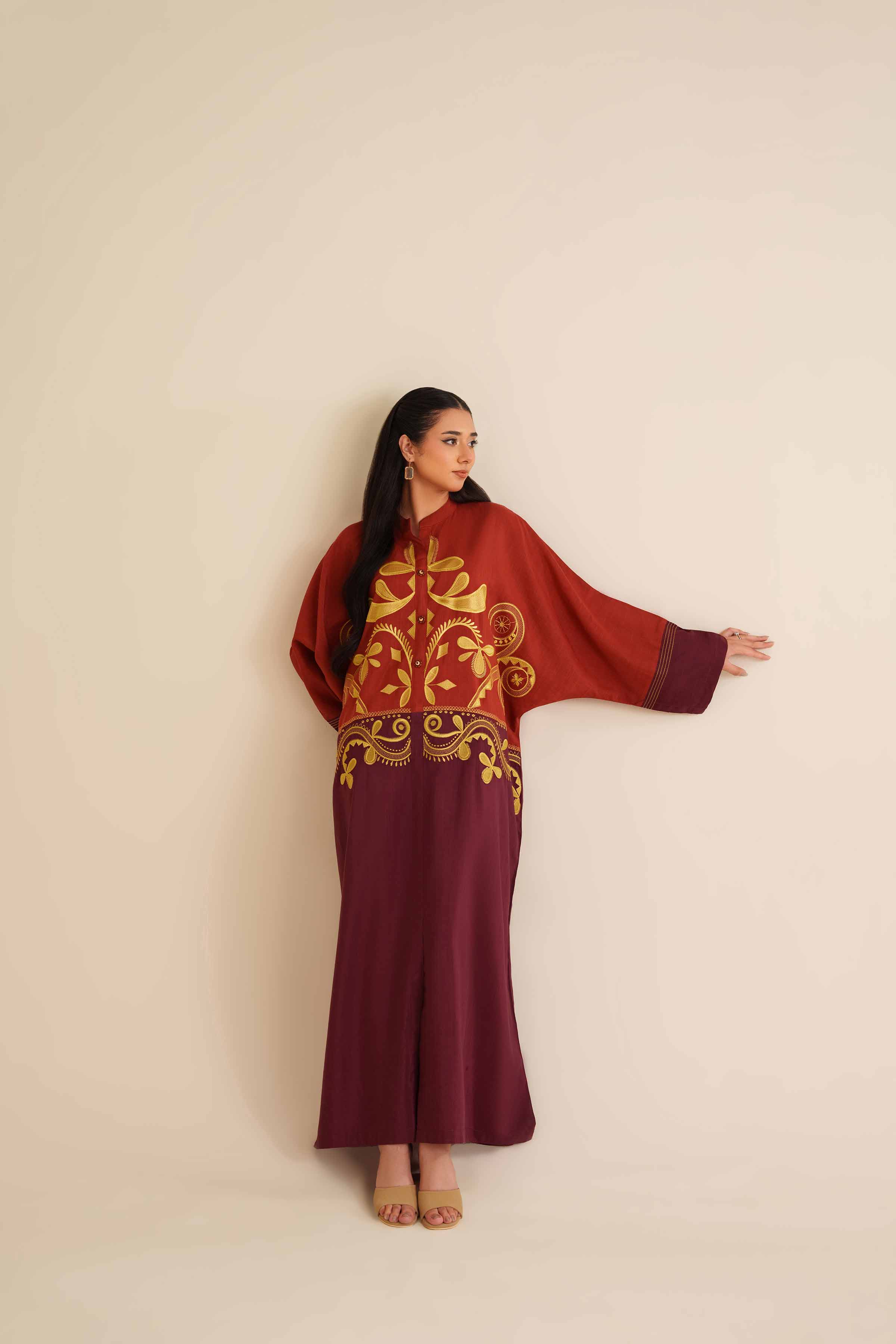 NishatUAE - Maroon Solid Silk Ready To Wear Dress