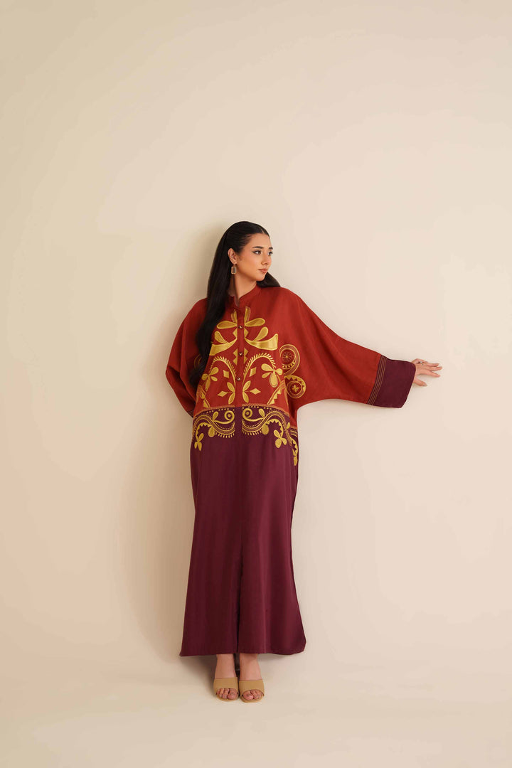 NishatUAE - Maroon Solid Silk Ready To Wear Dress
