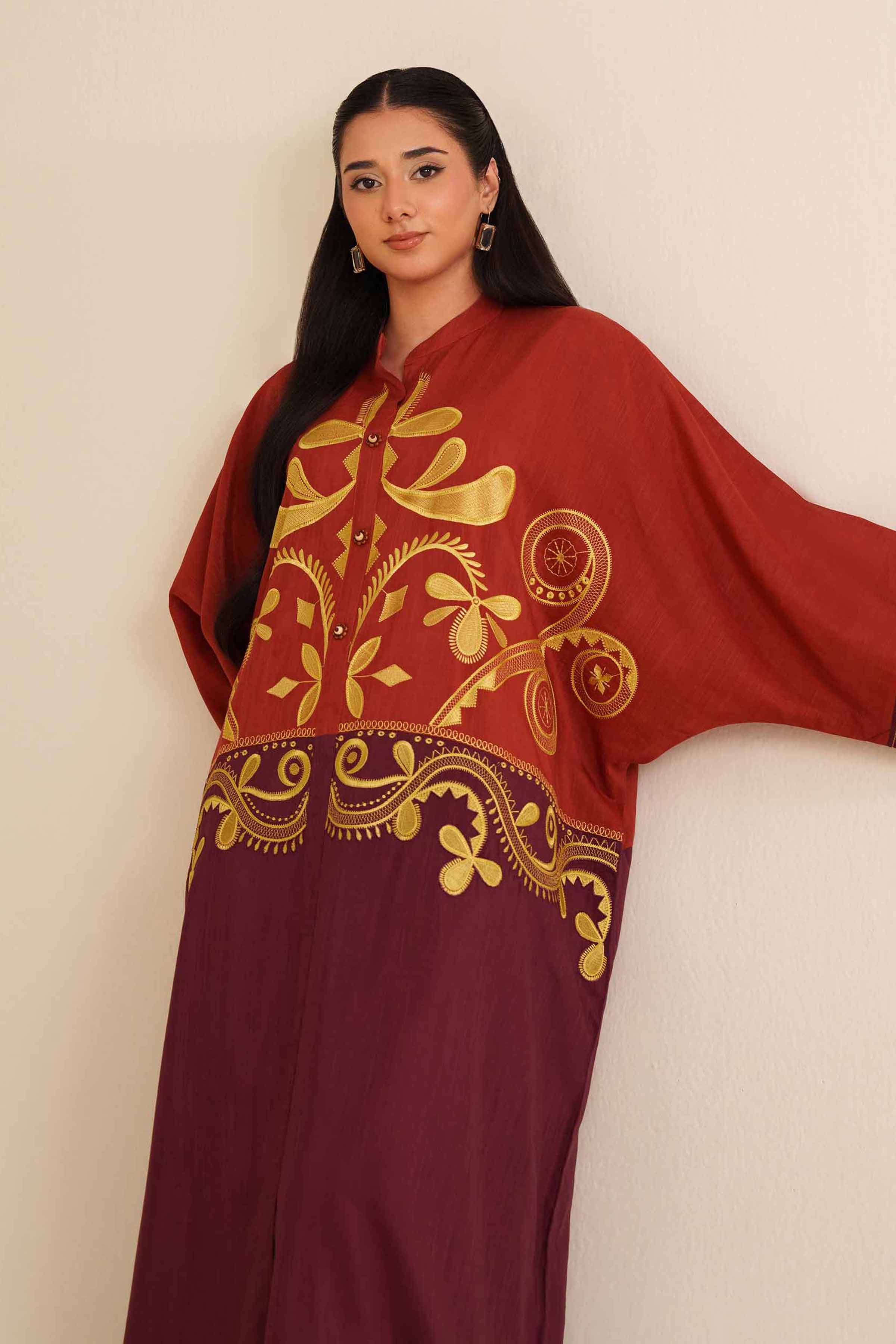 NishatUAE - Maroon Solid Silk Ready To Wear Dress