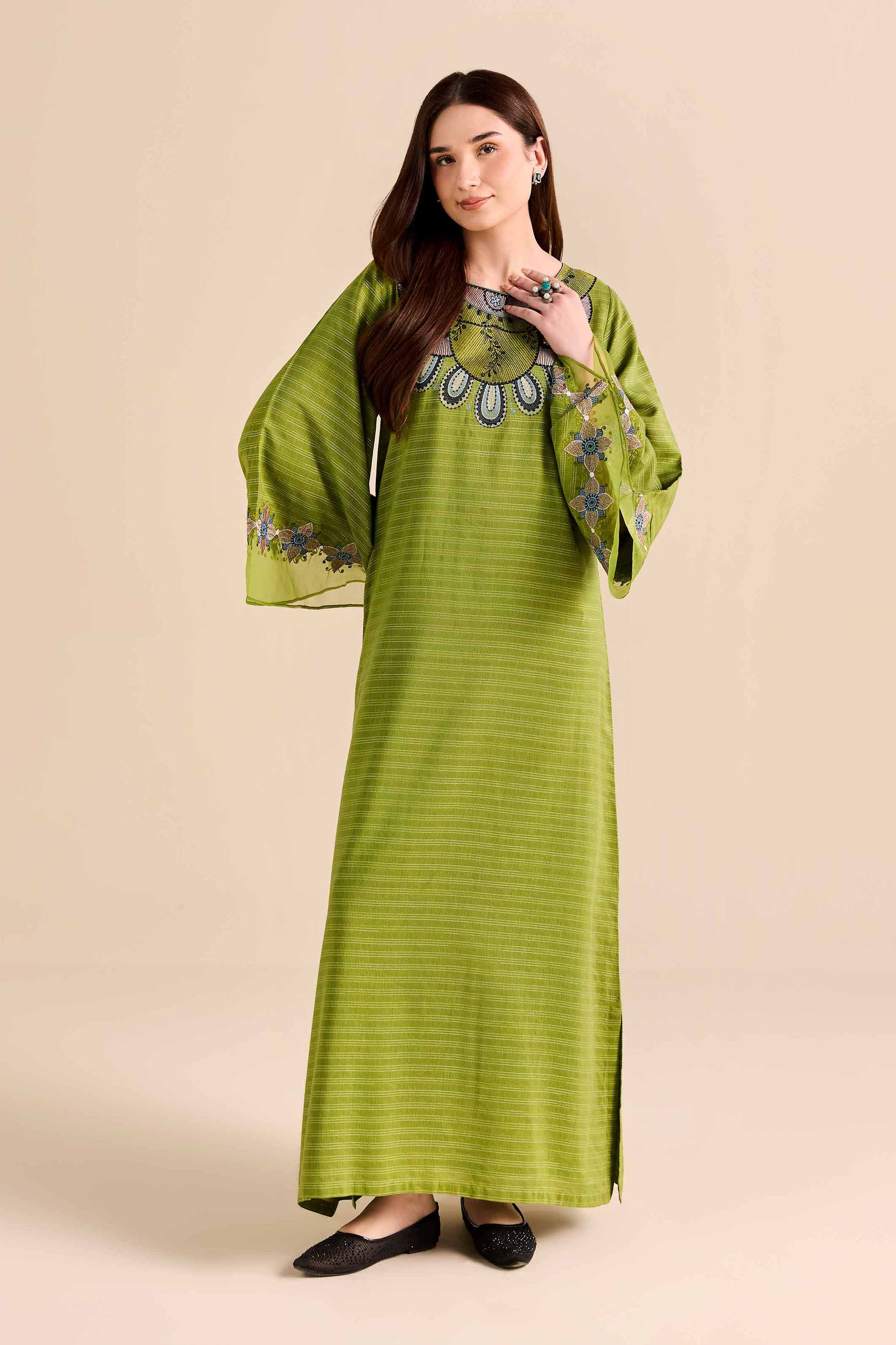 NishatUAE -  Green Embroidered Fancy Stripe Ready to wear Shirt