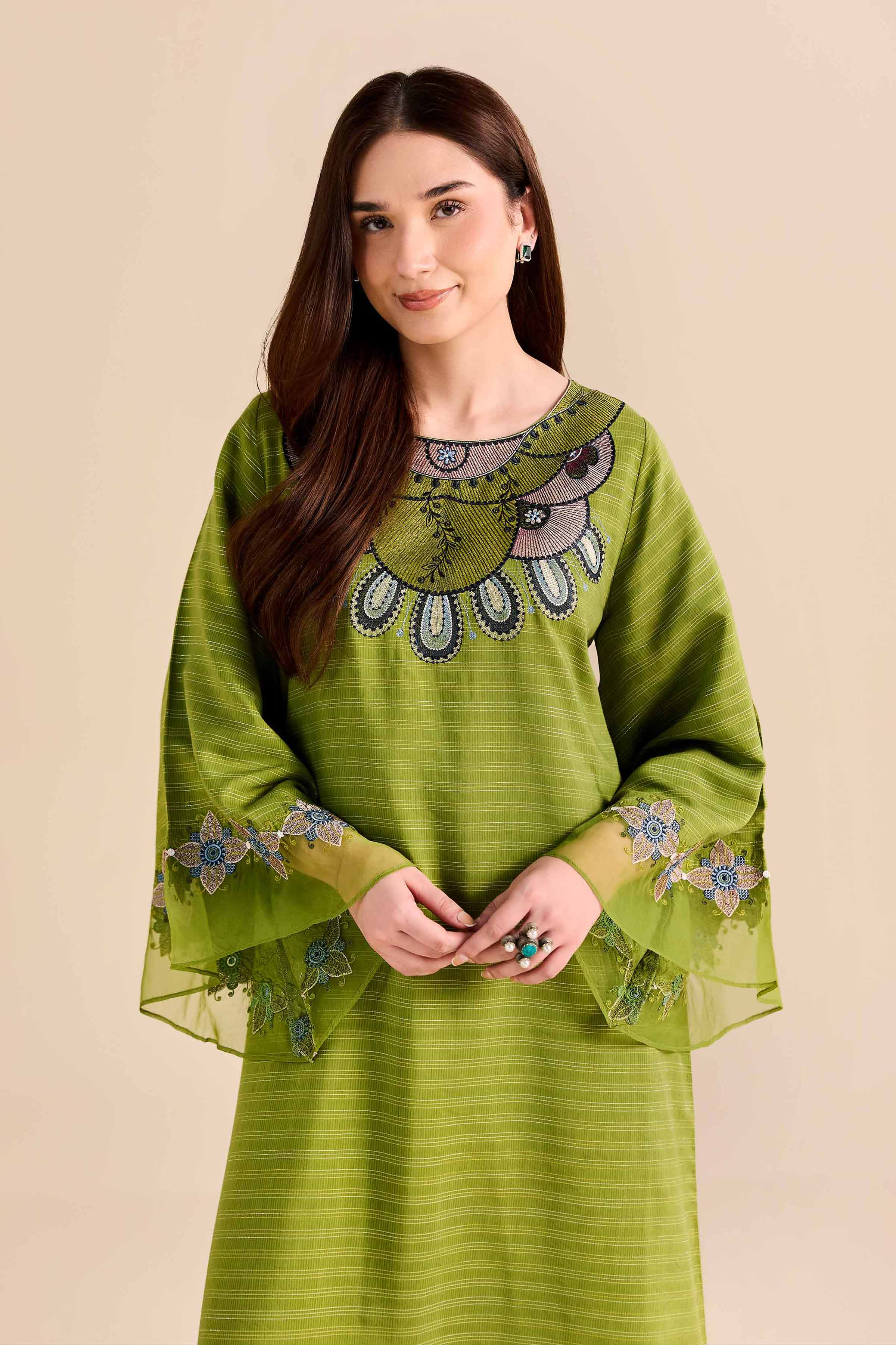 NishatUAE -  Green Embroidered Fancy Stripe Ready to wear Shirt