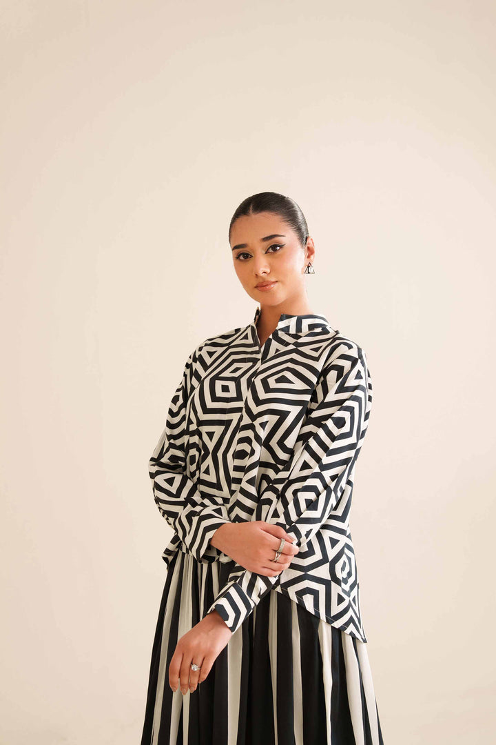 NishatUAE - Black & White Printed Satin 2-piece Ready To Wear Dress