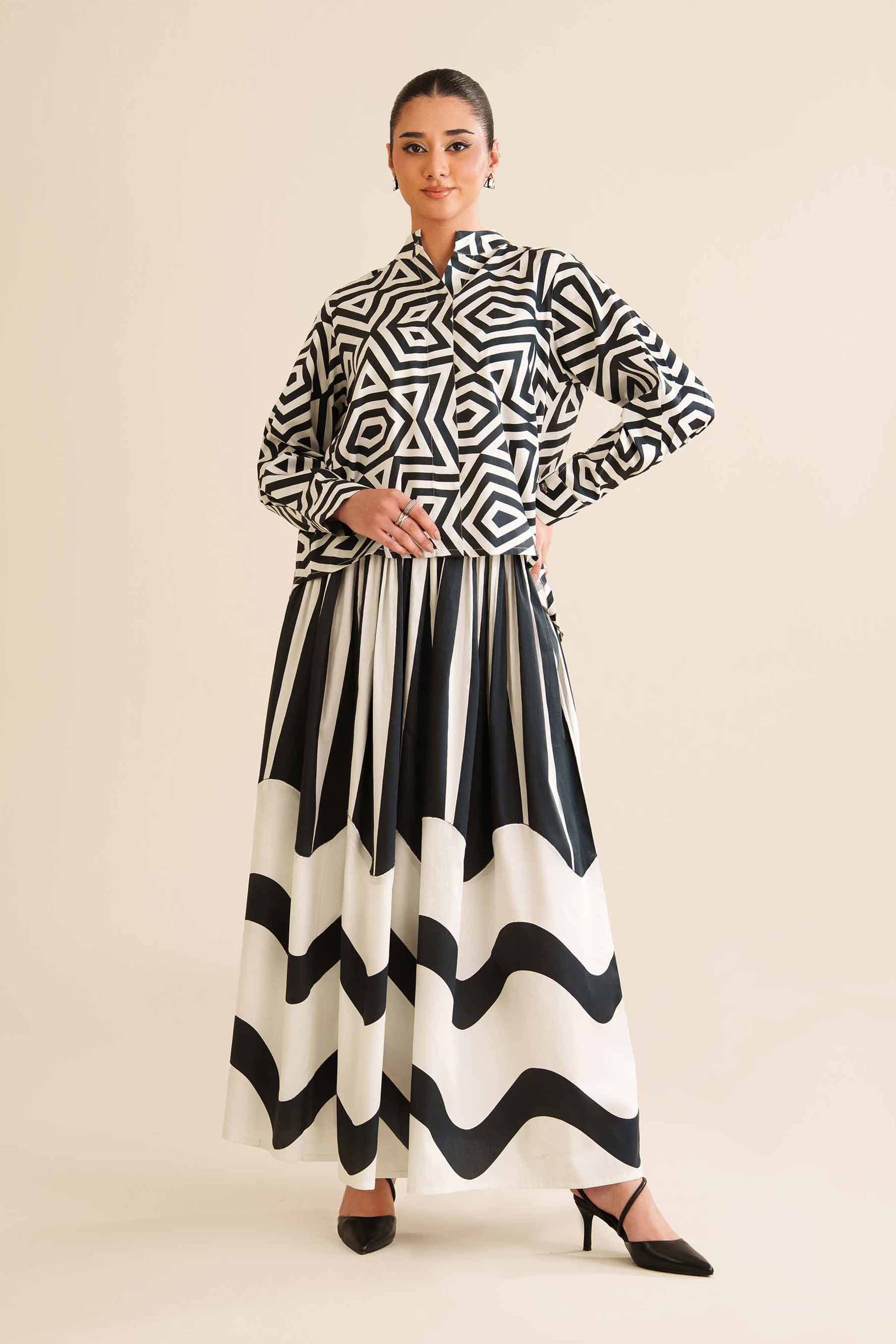 NishatUAE - Black & White Printed Satin 2-piece Ready To Wear Dress