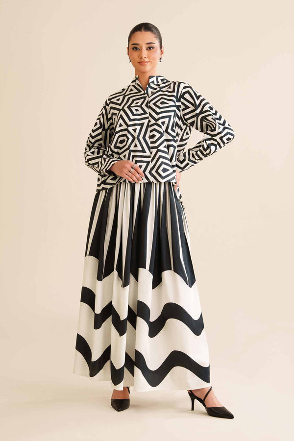 NishatUAE - Black & White Printed Satin 2-piece Ready To Wear Dress