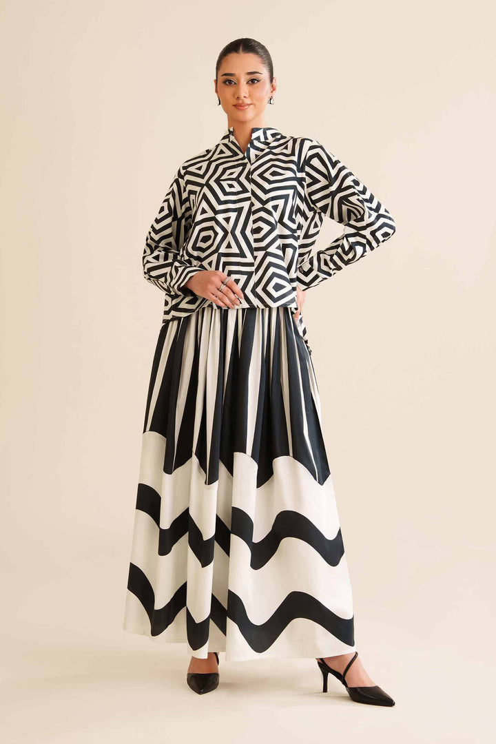 NishatUAE - Black & White Printed Satin 2-piece Ready To Wear Dress