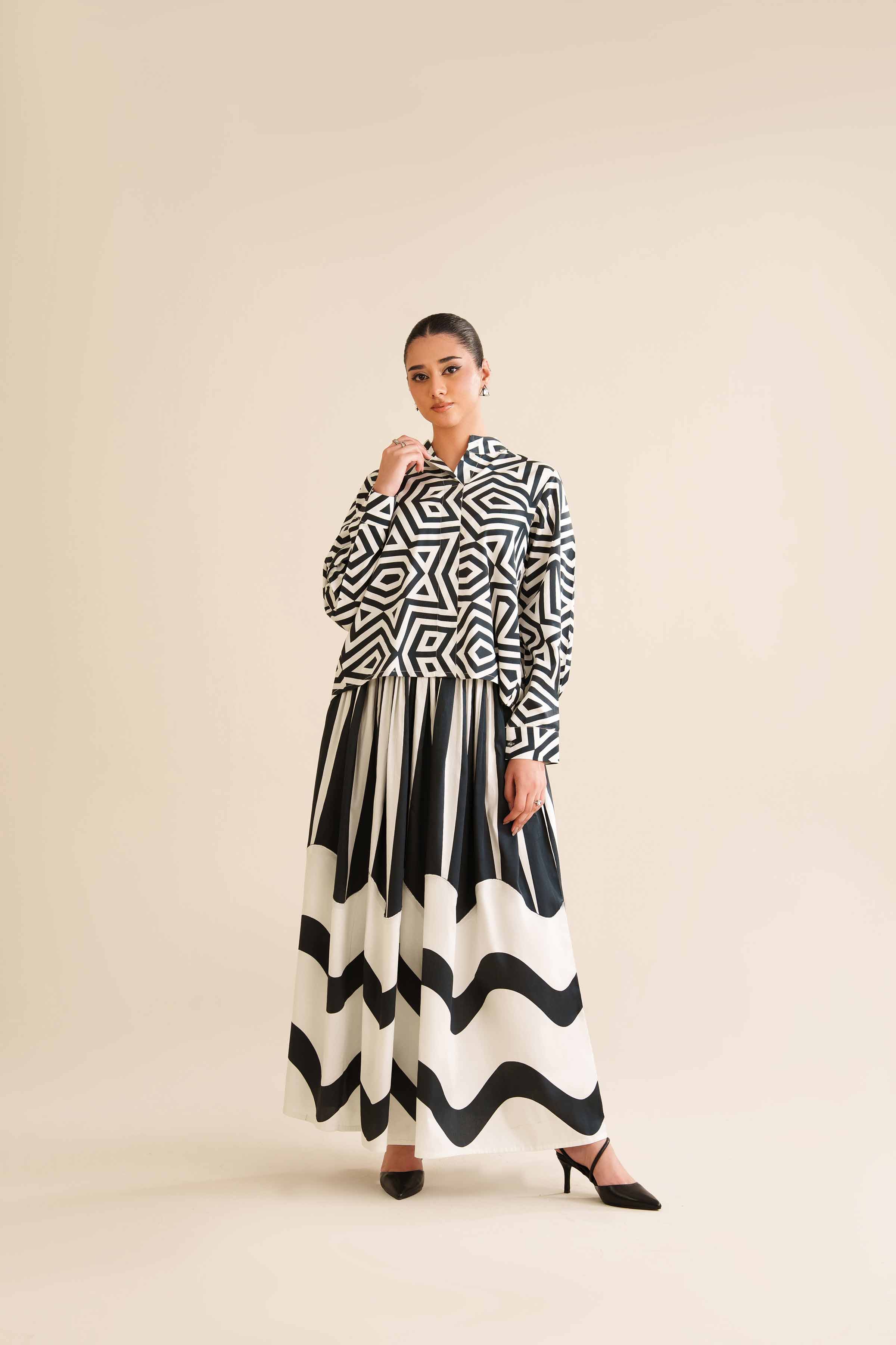NishatUAE - Black & White Printed Satin 2-piece Ready To Wear Dress