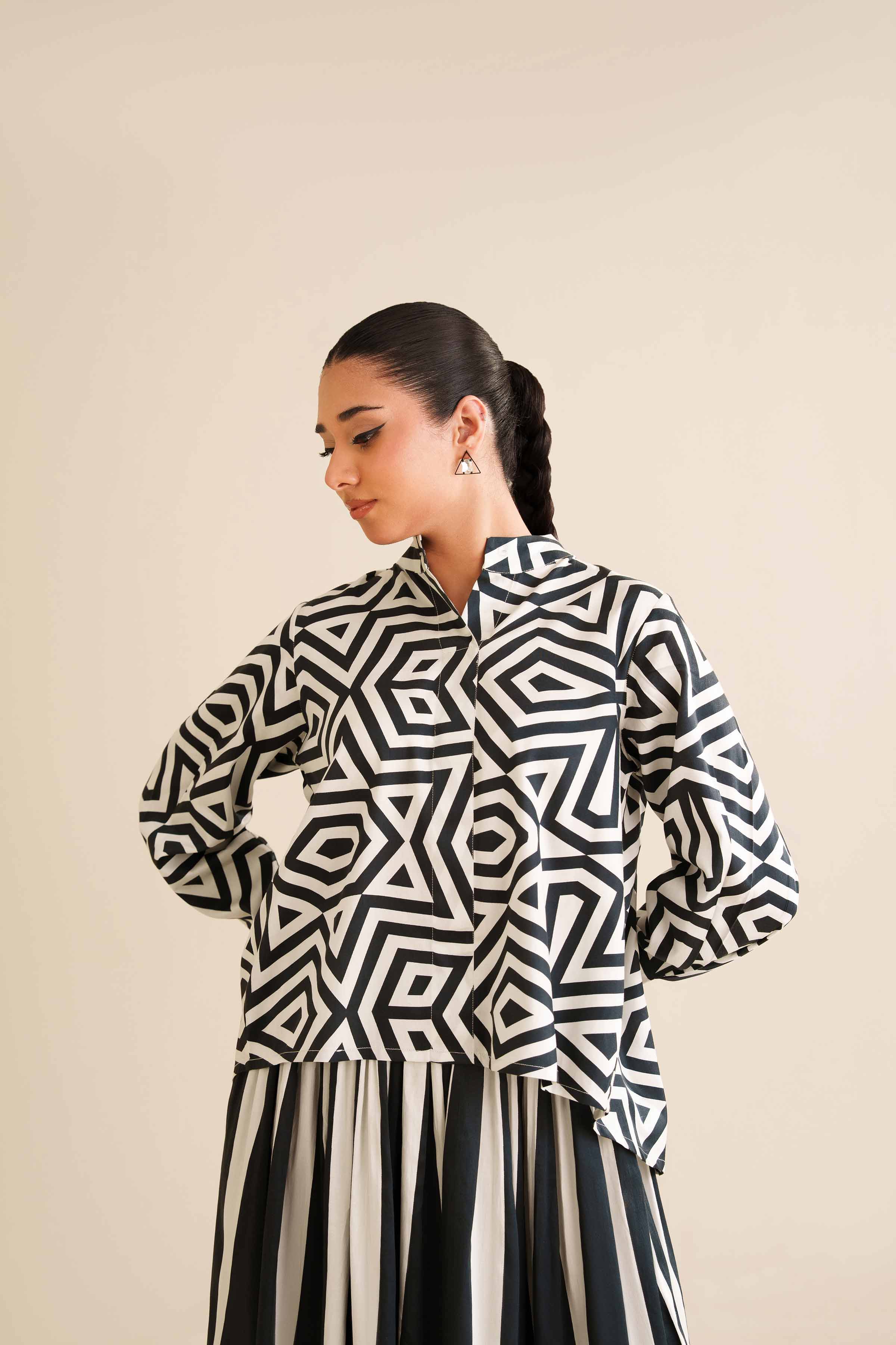 NishatUAE - Black & White Printed Satin 2-piece Ready To Wear Dress