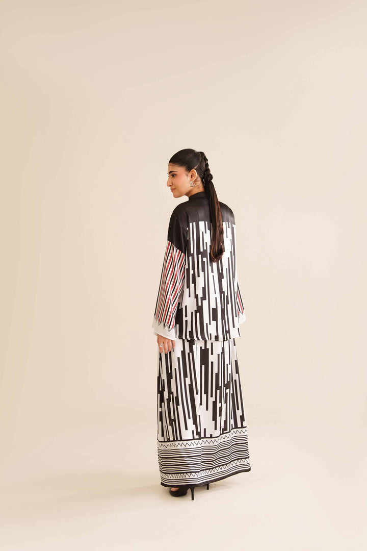 NishatUAE - Black & White Printed Satin 2-piece Ready To Wear Dress
