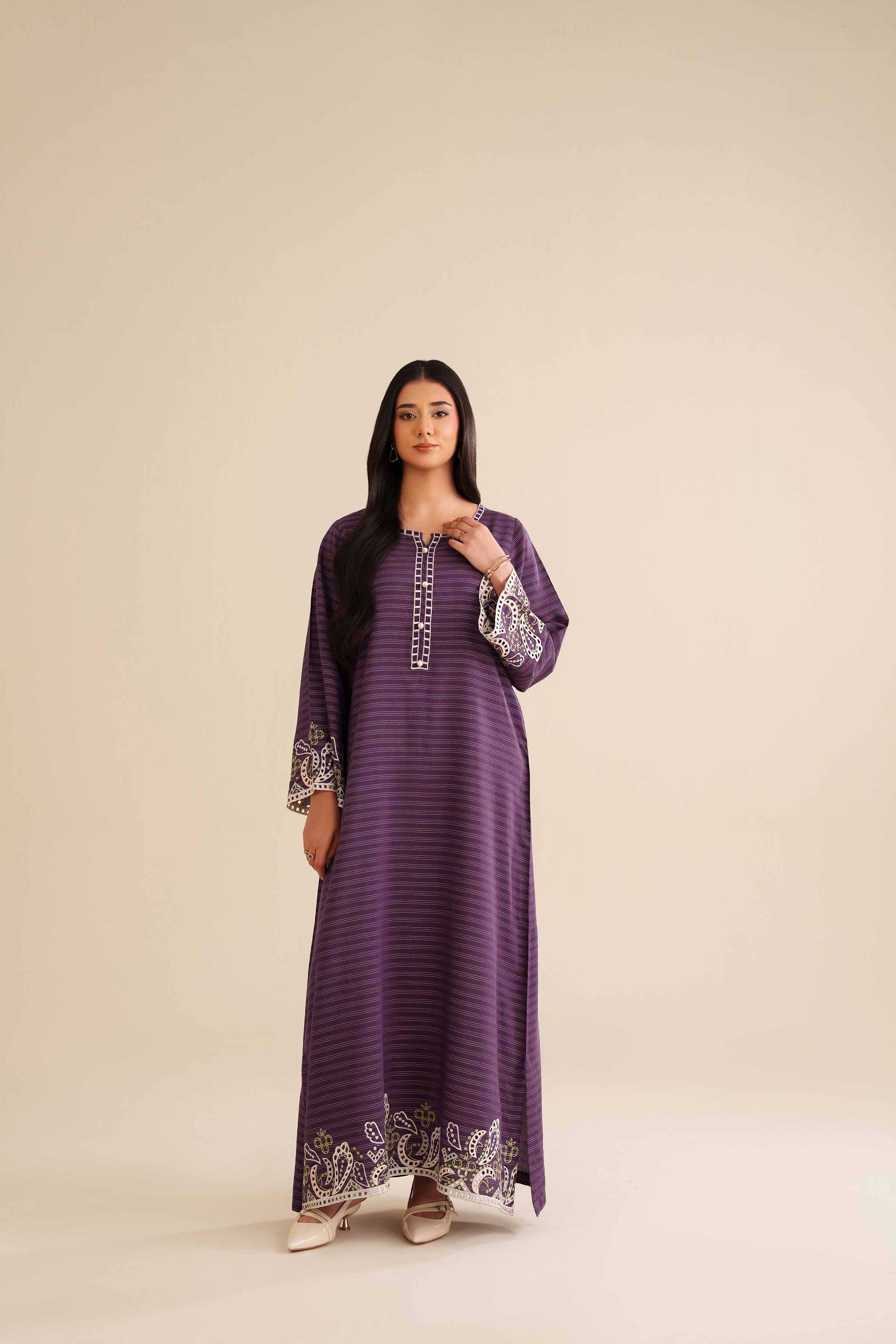 NISHATUAE - Purple Embroidered Fancy Stripe Ready to wear Shirt