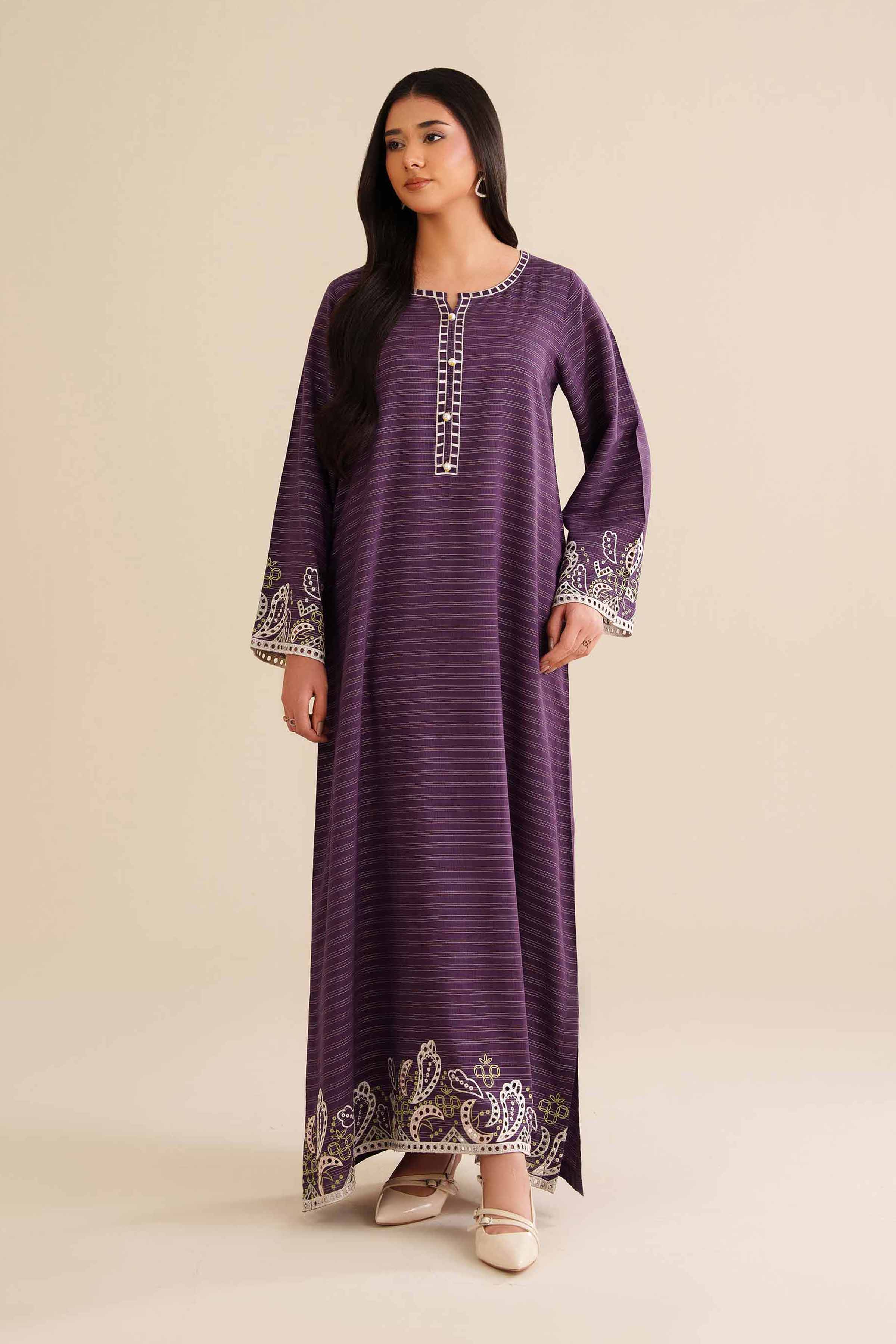 NISHATUAE - Purple Embroidered Fancy Stripe Ready to wear Shirt