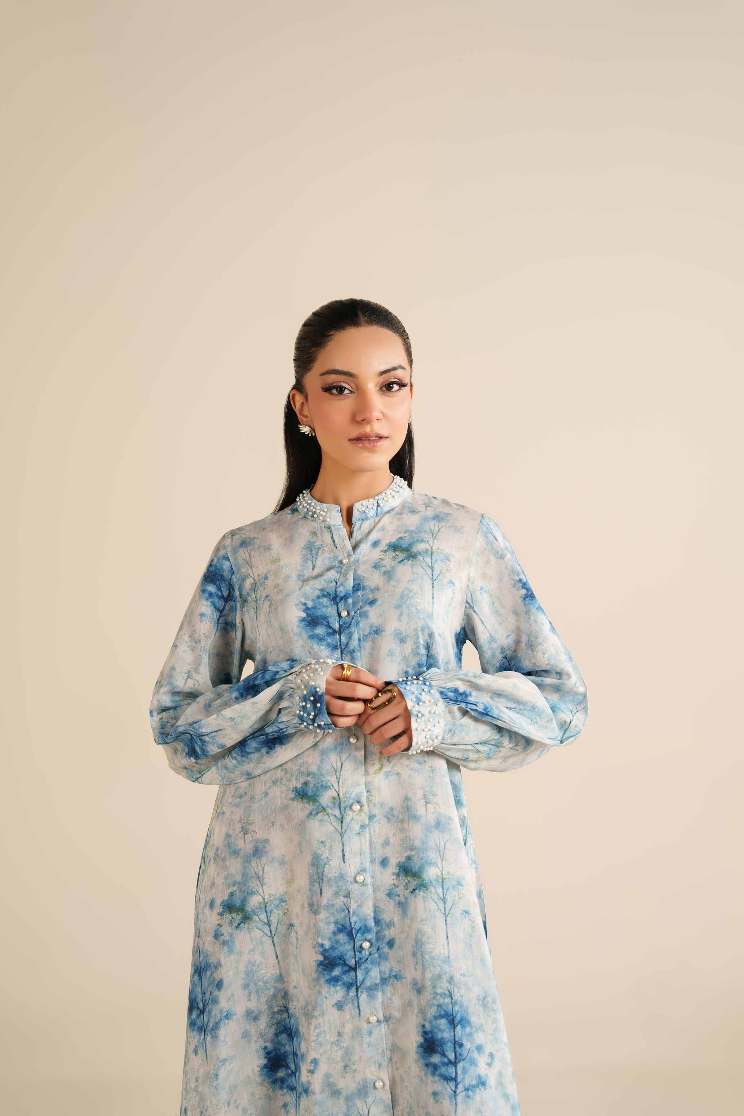 Buy Blue Printed Silk 1PC ready to wear Fustan