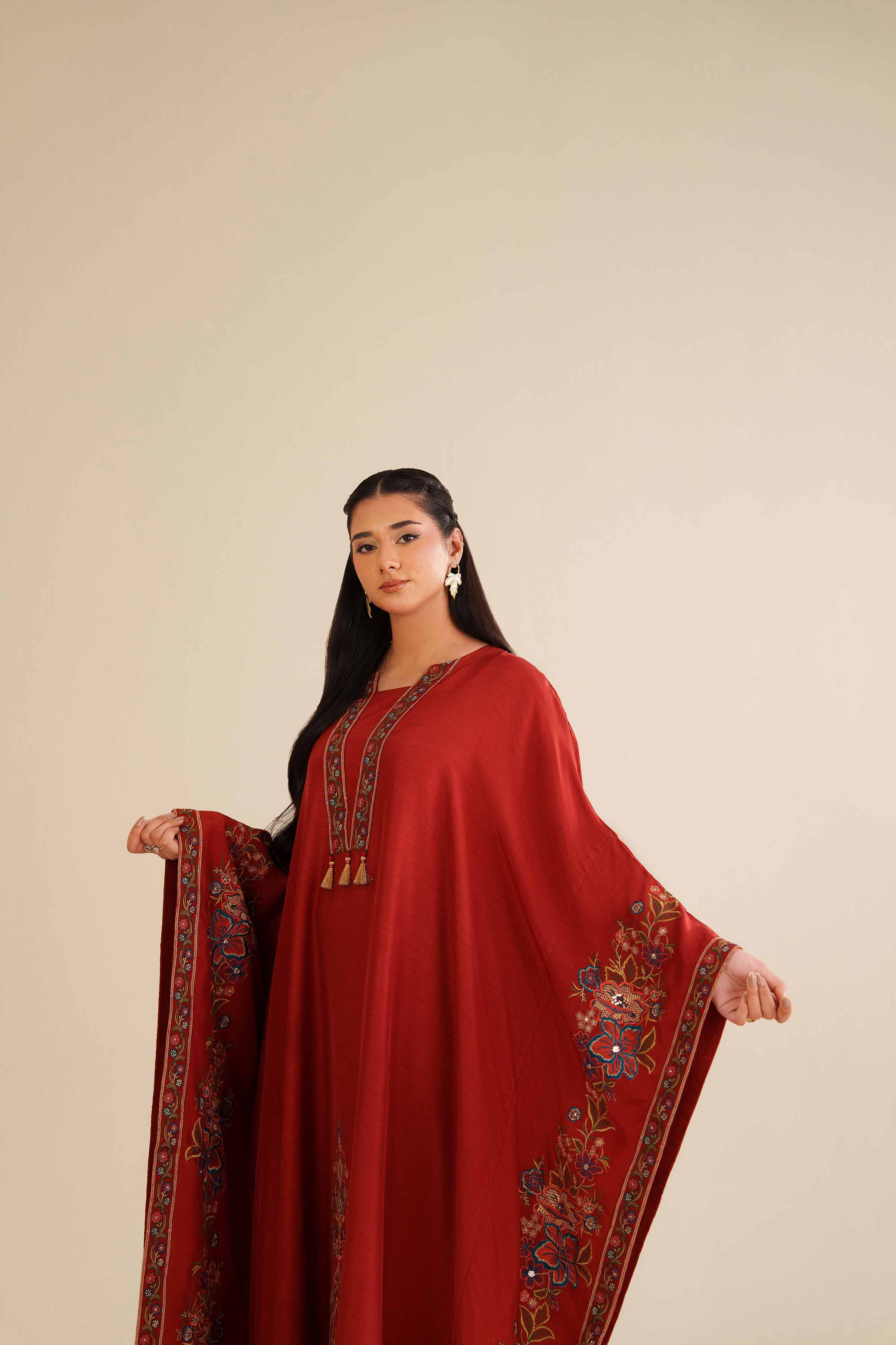 NishatUAE - Red Embroidered Silk Ready To Wear Kaftan