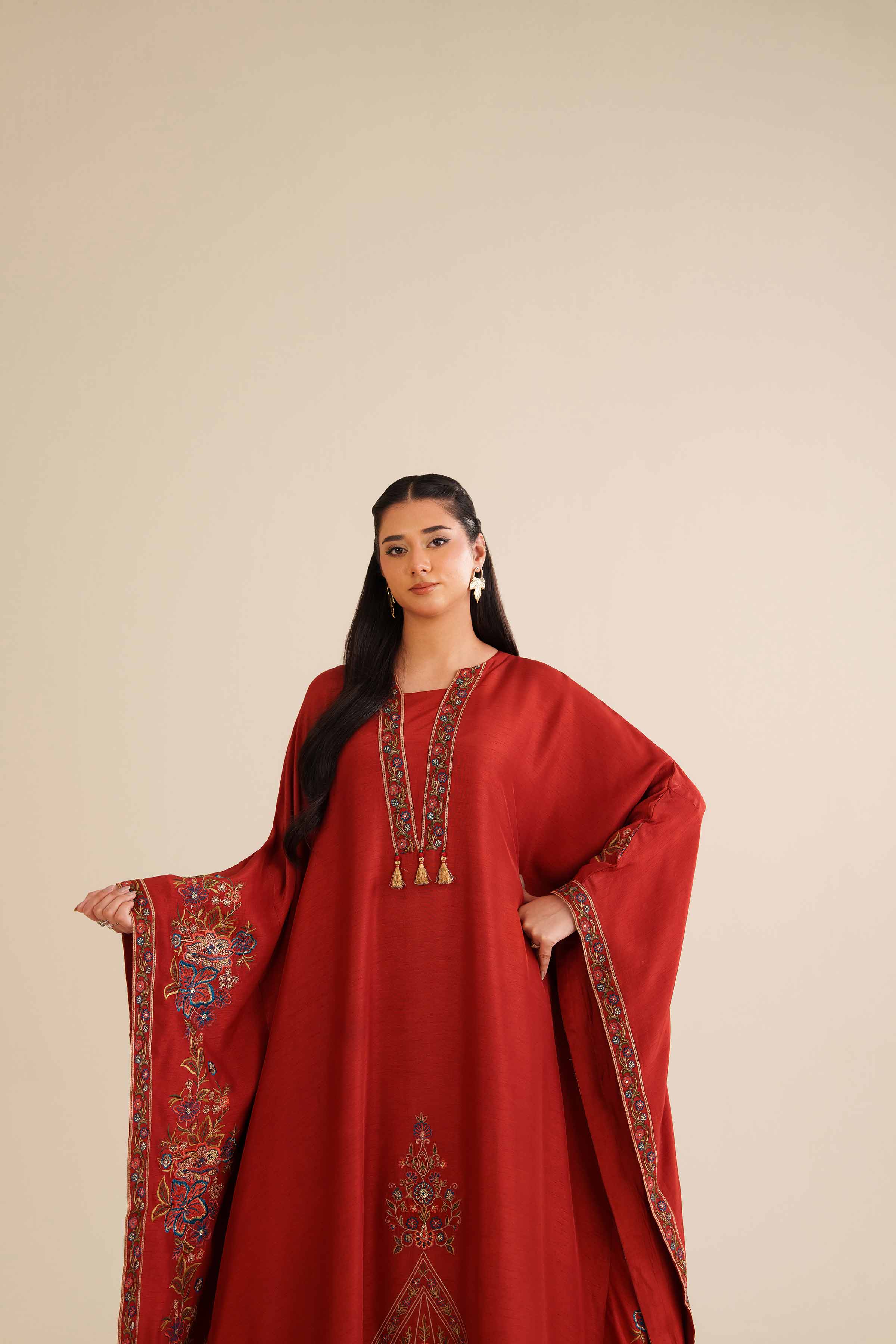 NishatUAE - Red Embroidered Silk Ready To Wear Kaftan