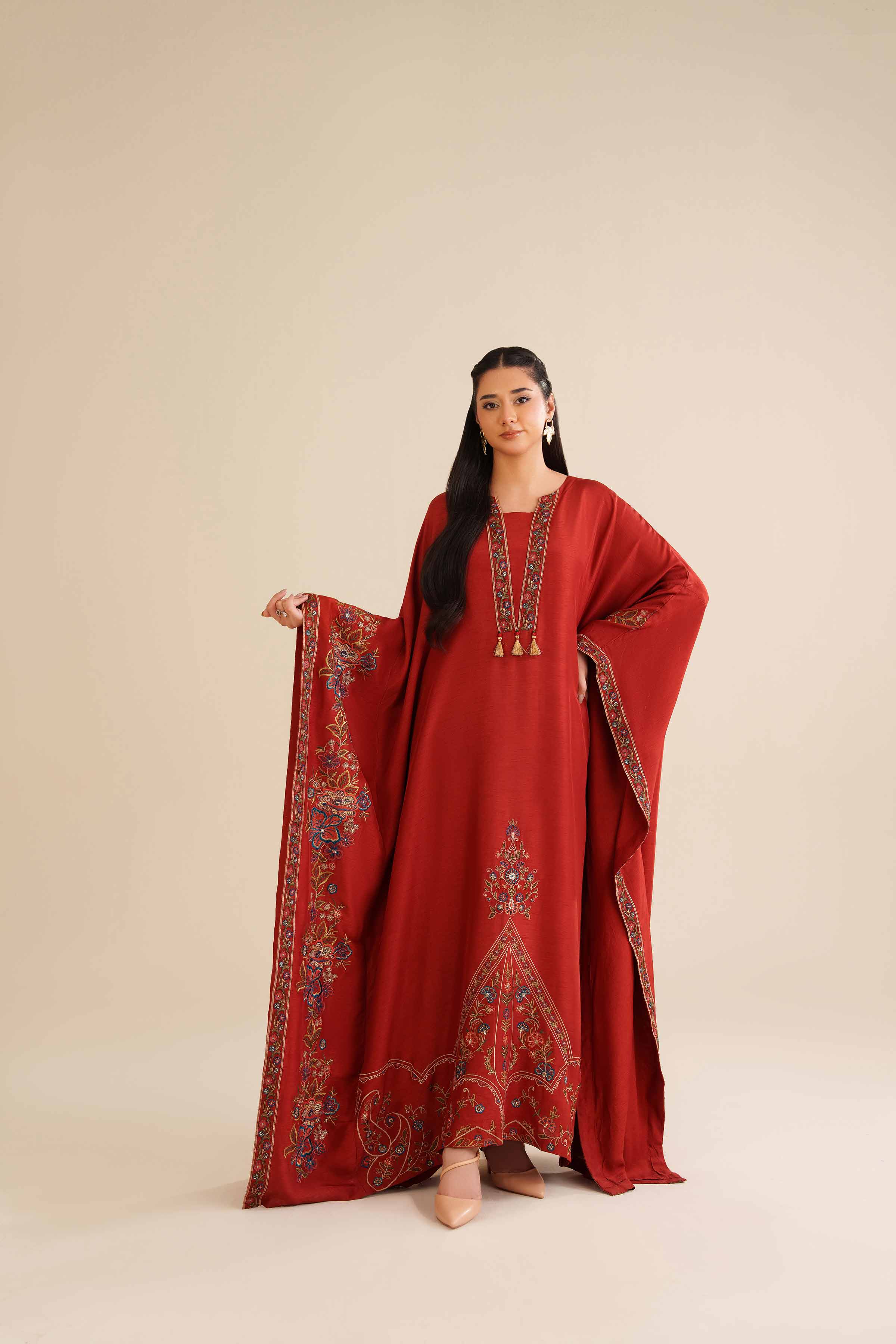 NishatUAE - Red Embroidered Silk Ready To Wear Kaftan