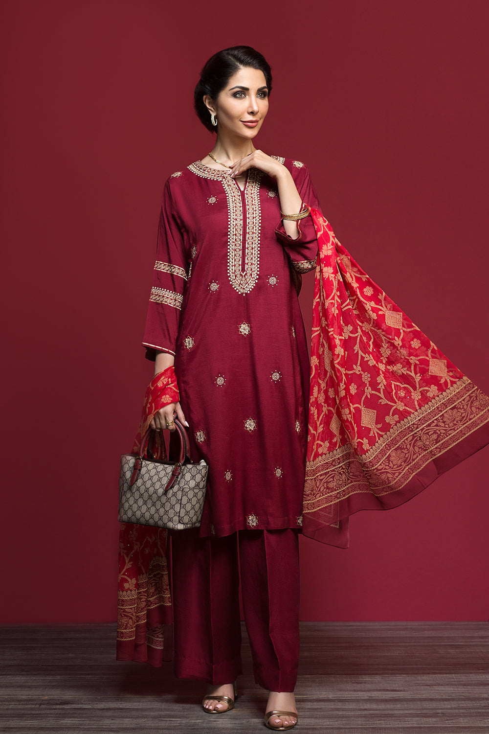 Nishat Linen UAE - KF-484 Maroon Embroidered Formal Katan Silk Shirt with Printed Chiffon Dupatta