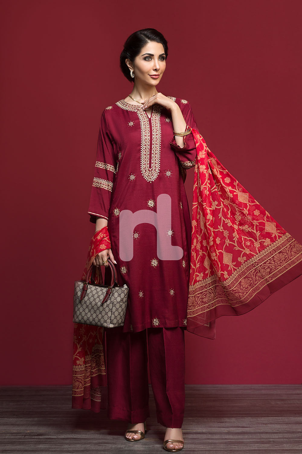 Nishat Linen UAE - KF-484 Maroon Embroidered Formal Katan Silk Shirt with Printed Chiffon Dupatta