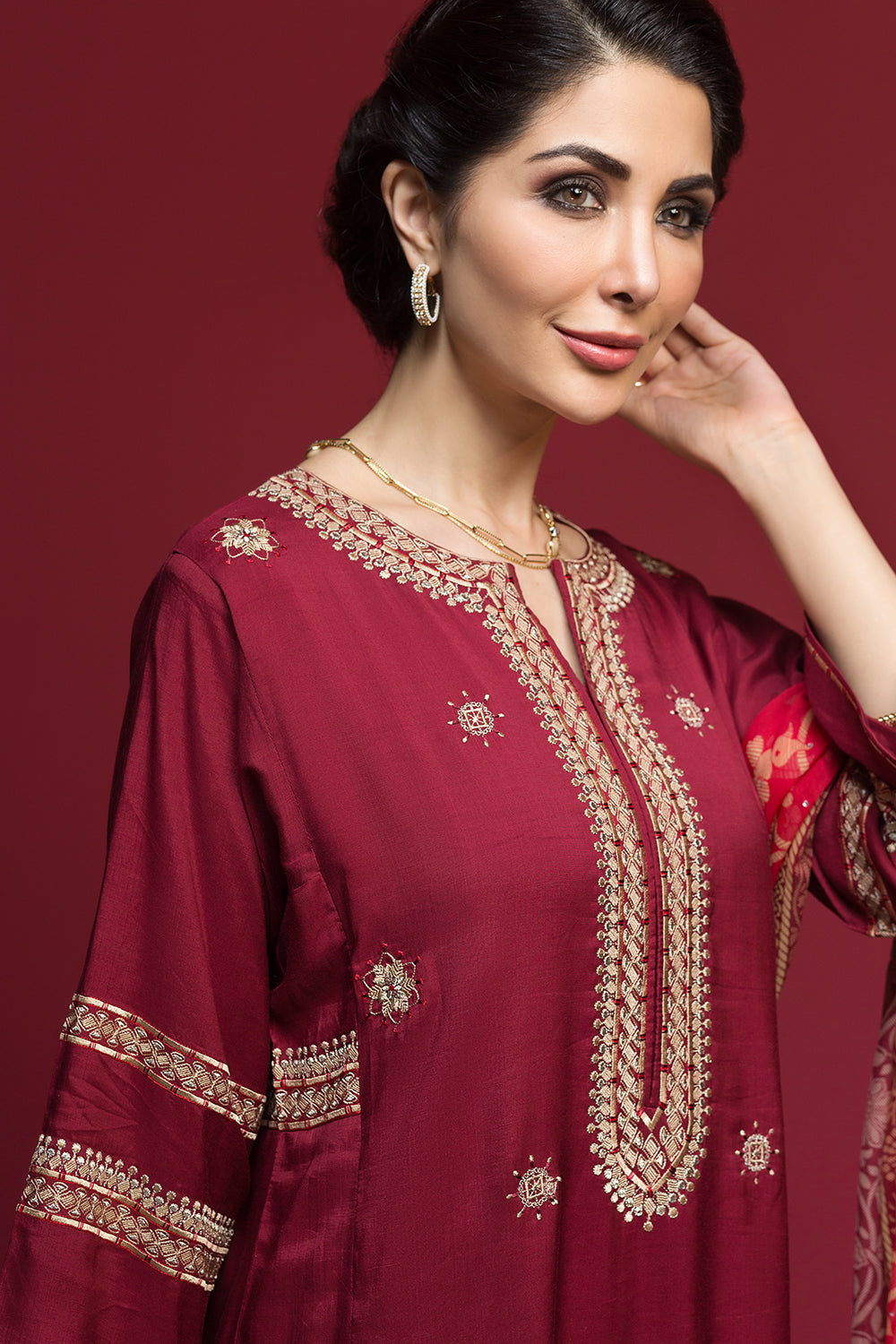 Nishat Linen UAE - KF-484 Maroon Embroidered Formal Katan Silk Shirt with Printed Chiffon Dupatta