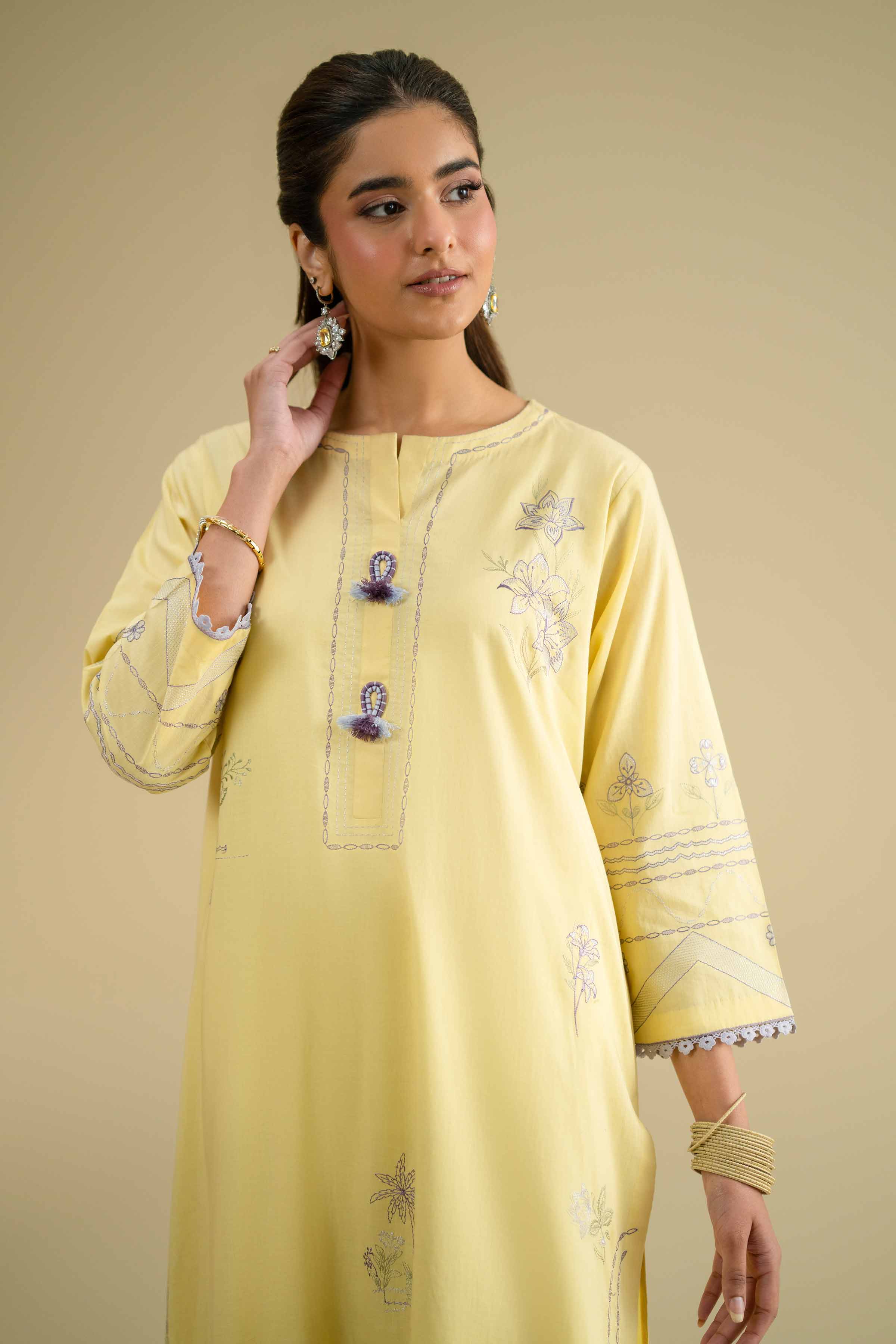 Embroidered Shirt - KFE26-01 Yellow Cambric 1PC Embroidered LUXURY