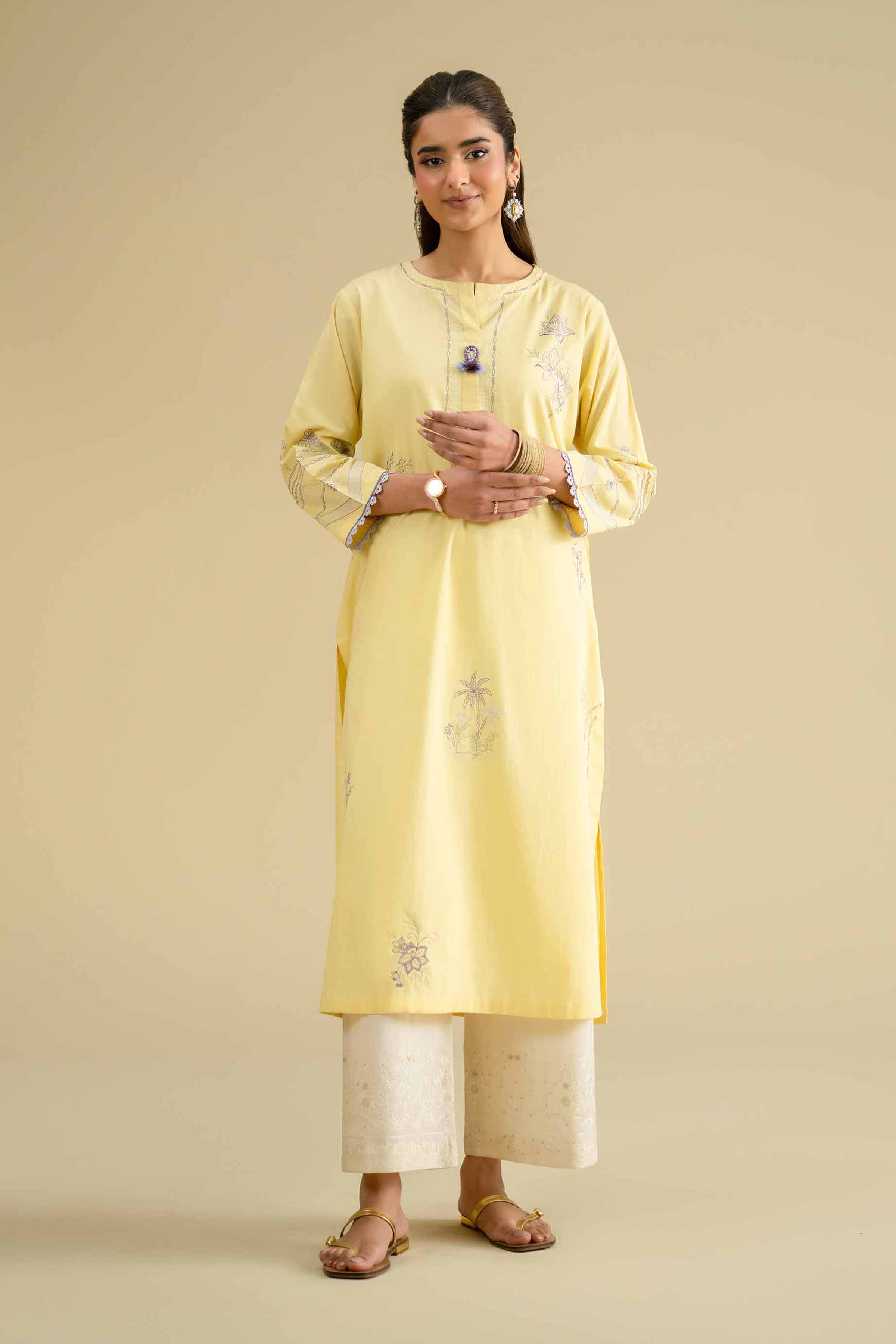 Embroidered Shirt - KFE26-01 Yellow Cambric 1PC Embroidered LUXURY