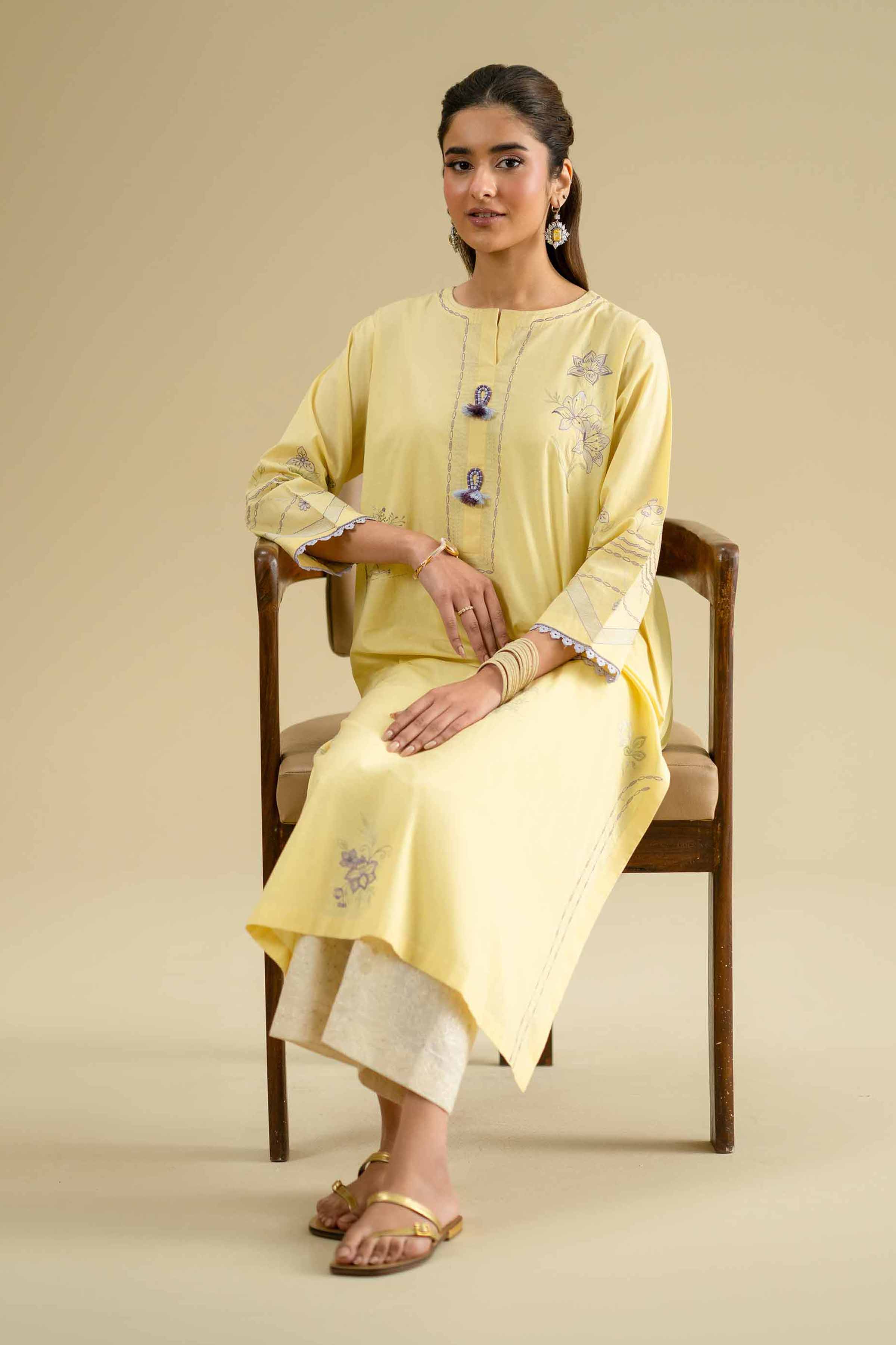 Embroidered Shirt - KFE26-01 Yellow Cambric 1PC Embroidered LUXURY